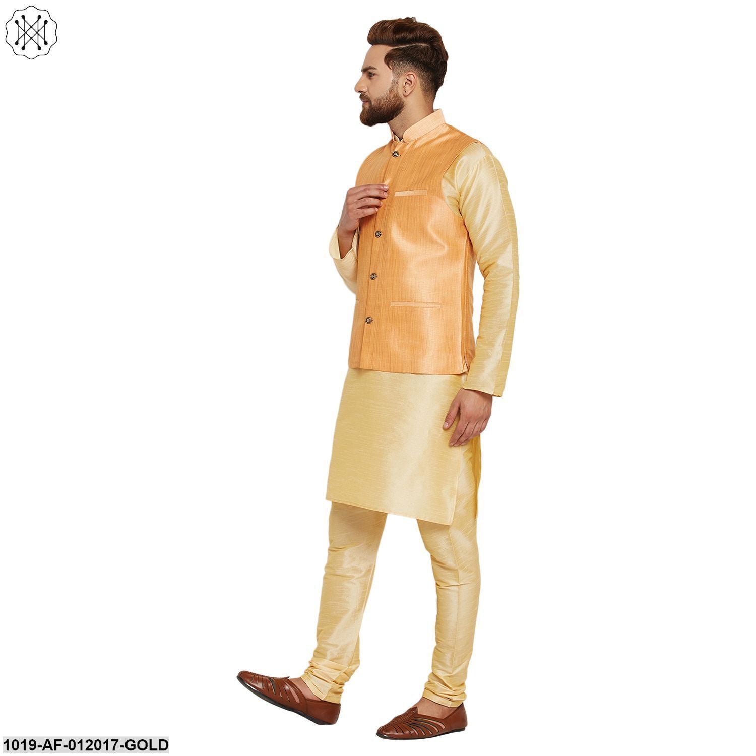 Men's Dupion Silk Kurta Pyjama And Nehru Jacket Set