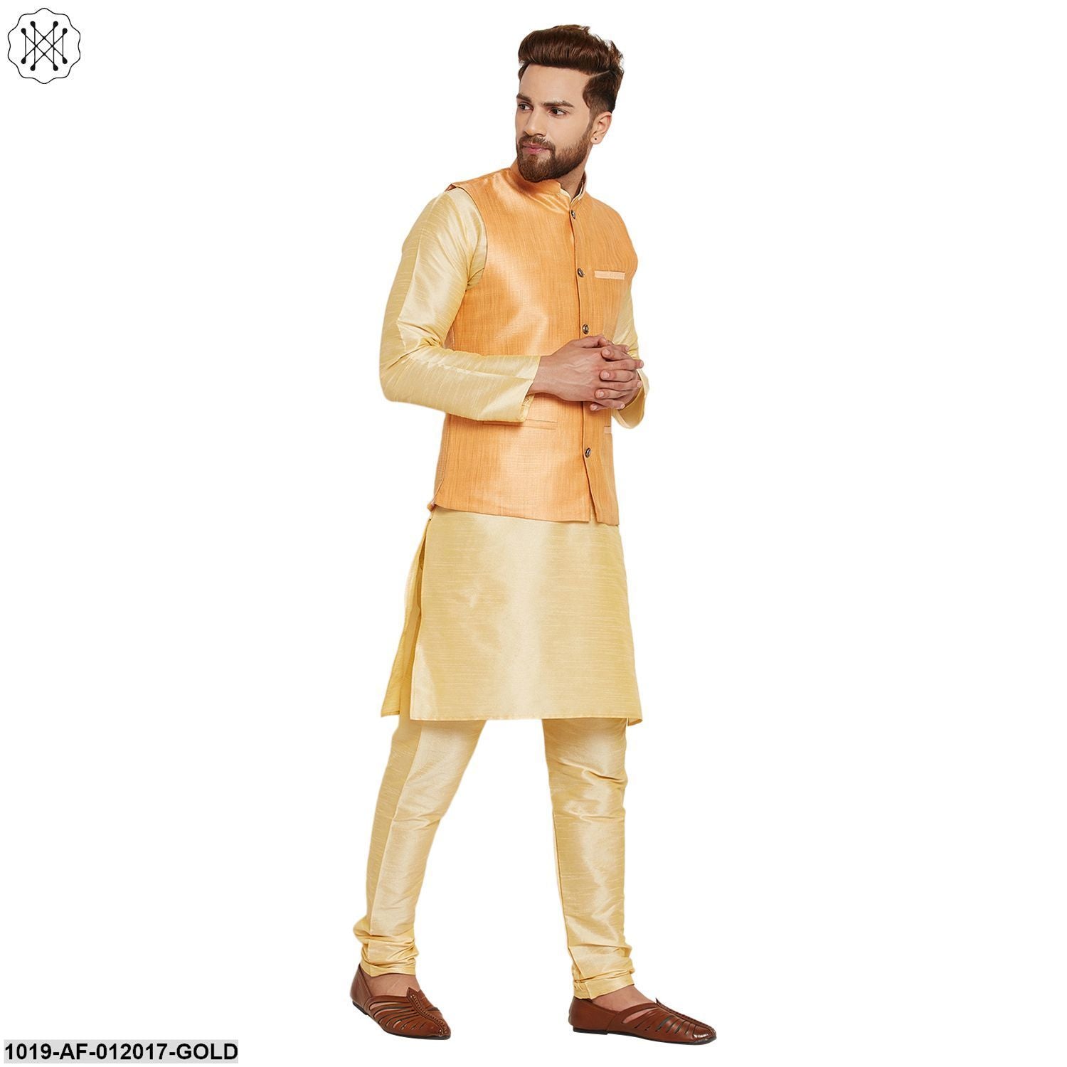 Men's Dupion Silk Kurta Pyjama And Nehru Jacket Set