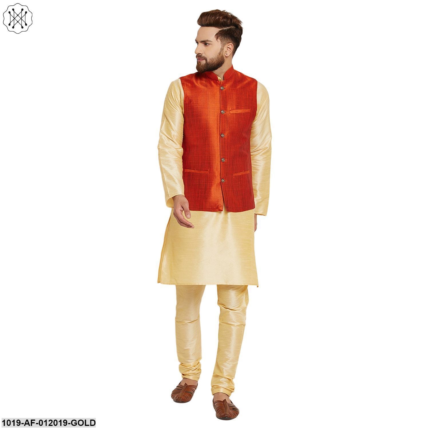 Men's Dupion Silk Kurta Pyjama And Nehru Jacket Set