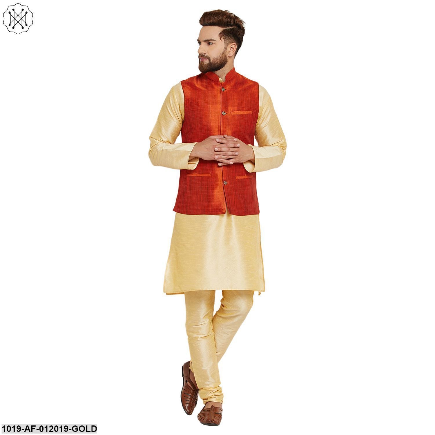 Men's Dupion Silk Kurta Pyjama And Nehru Jacket Set