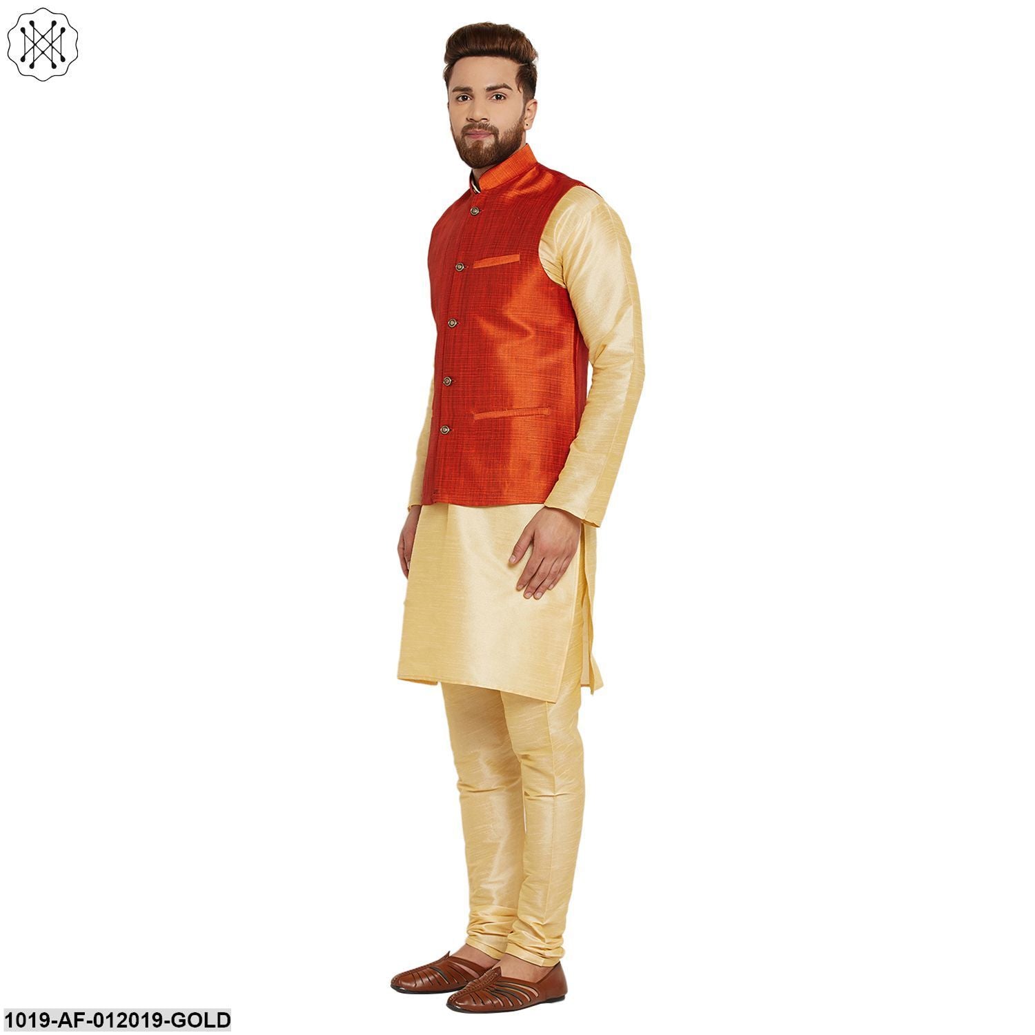 Men's Dupion Silk Kurta Pyjama And Nehru Jacket Set