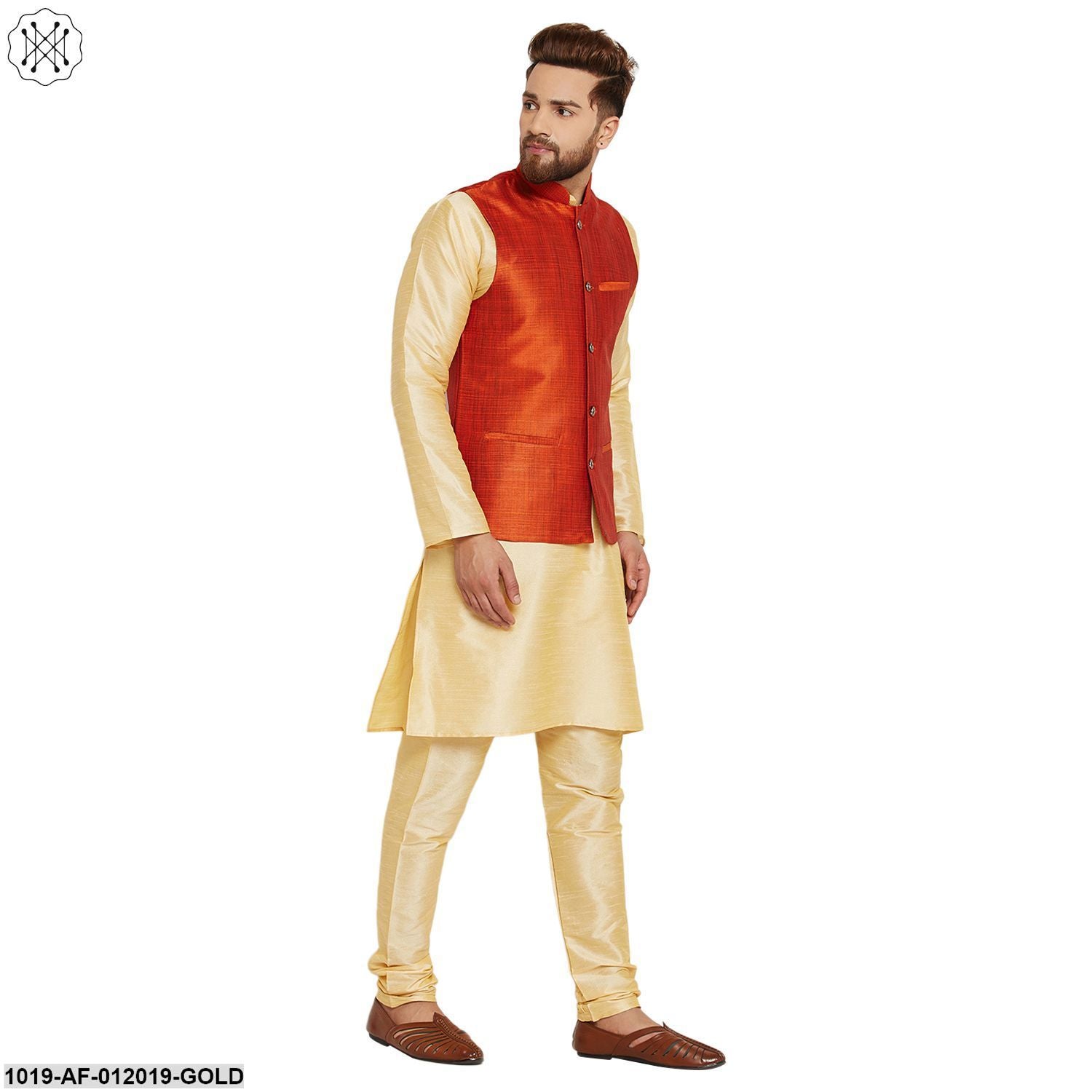 Men's Dupion Silk Kurta Pyjama And Nehru Jacket Set
