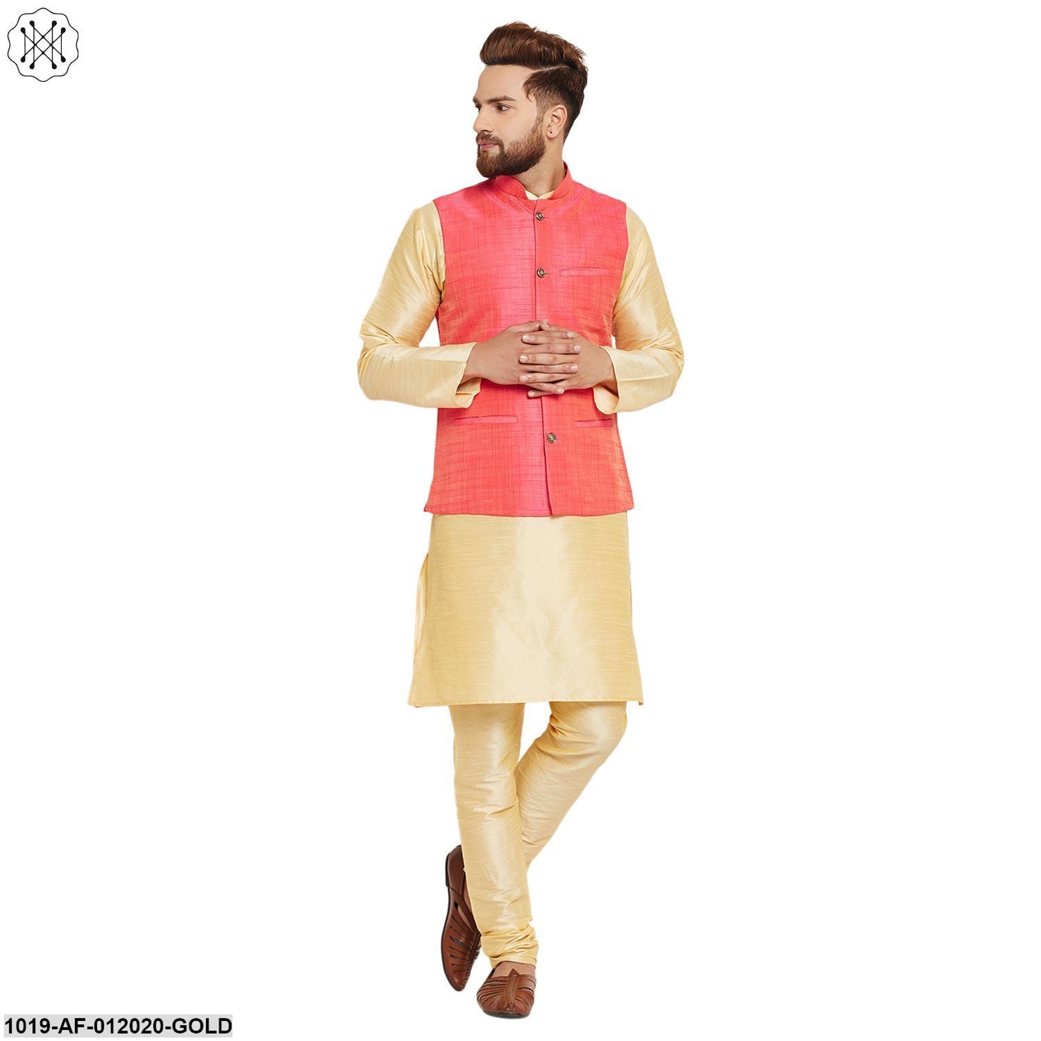 Men's Dupion Silk Kurta Pyjama And Nehru Jacket Set