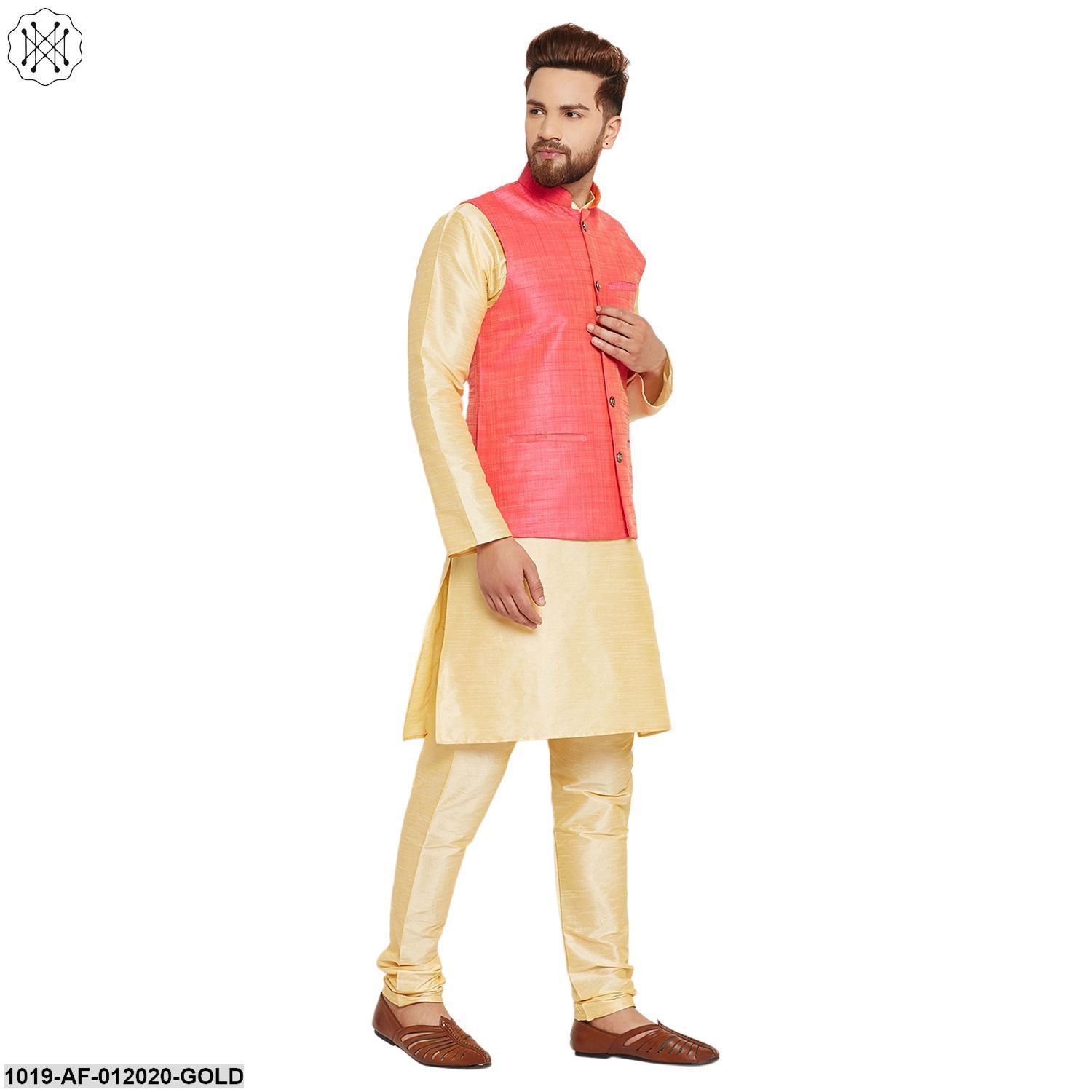 Men's Dupion Silk Kurta Pyjama And Nehru Jacket Set