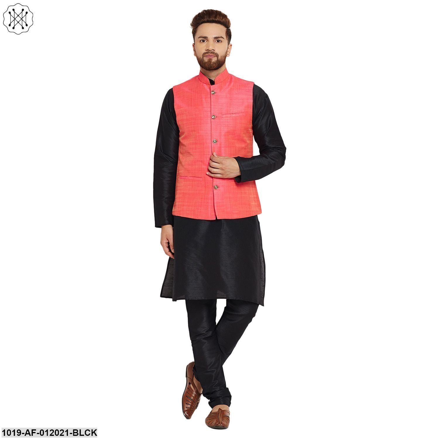 Men's Dupion Silk Kurta Pyjama And Nehru Jacket Set