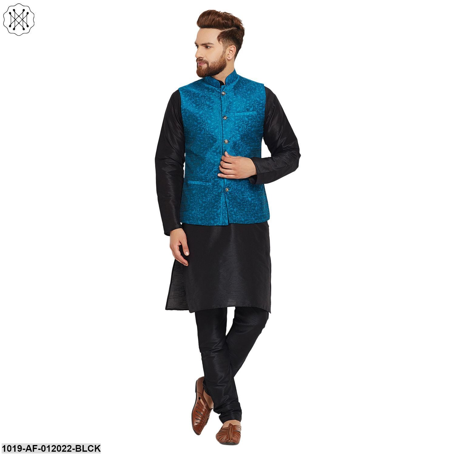 Men's Dupion Silk Kurta Pyjama And Jacquard Silk Nehru Jacket Set