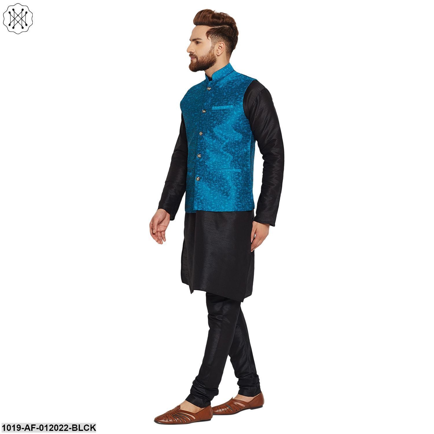 Men's Dupion Silk Kurta Pyjama And Jacquard Silk Nehru Jacket Set