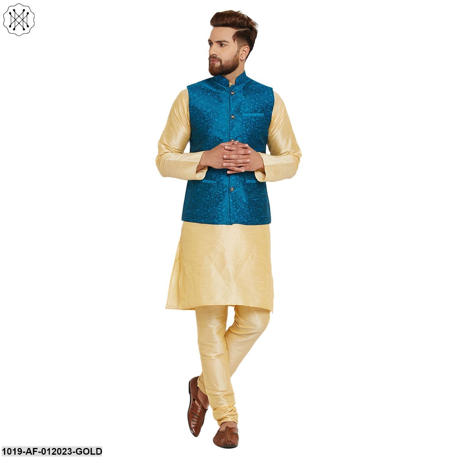 Men's Dupion Silk Kurta Pyjama And Jacquard Silk Nehru Jacket Set