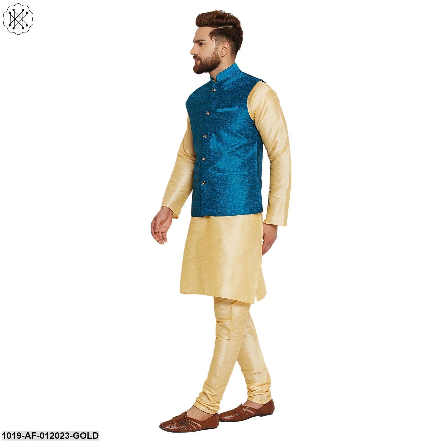 Men's Dupion Silk Kurta Pyjama And Jacquard Silk Nehru Jacket Set