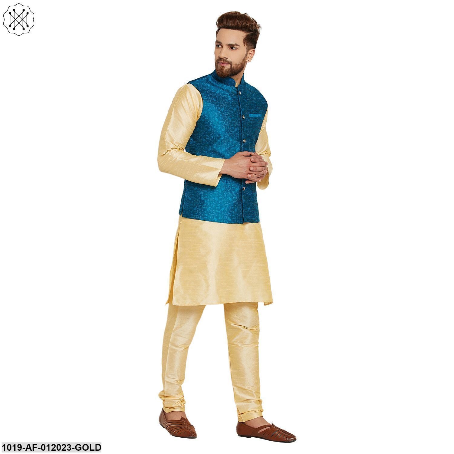 Men's Dupion Silk Kurta Pyjama And Jacquard Silk Nehru Jacket Set