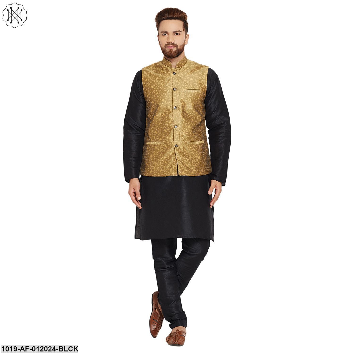 Men's Dupion Silk Kurta Pyjama And Jacquard Silk Nehru Jacket Set