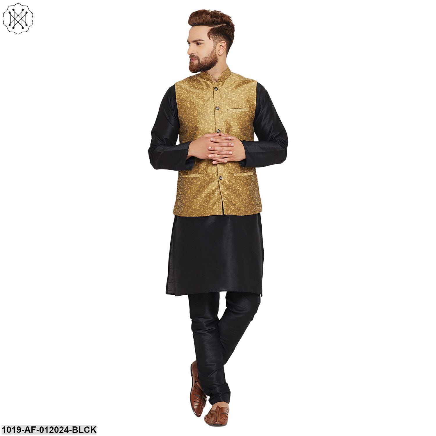 Men's Dupion Silk Kurta Pyjama And Jacquard Silk Nehru Jacket Set