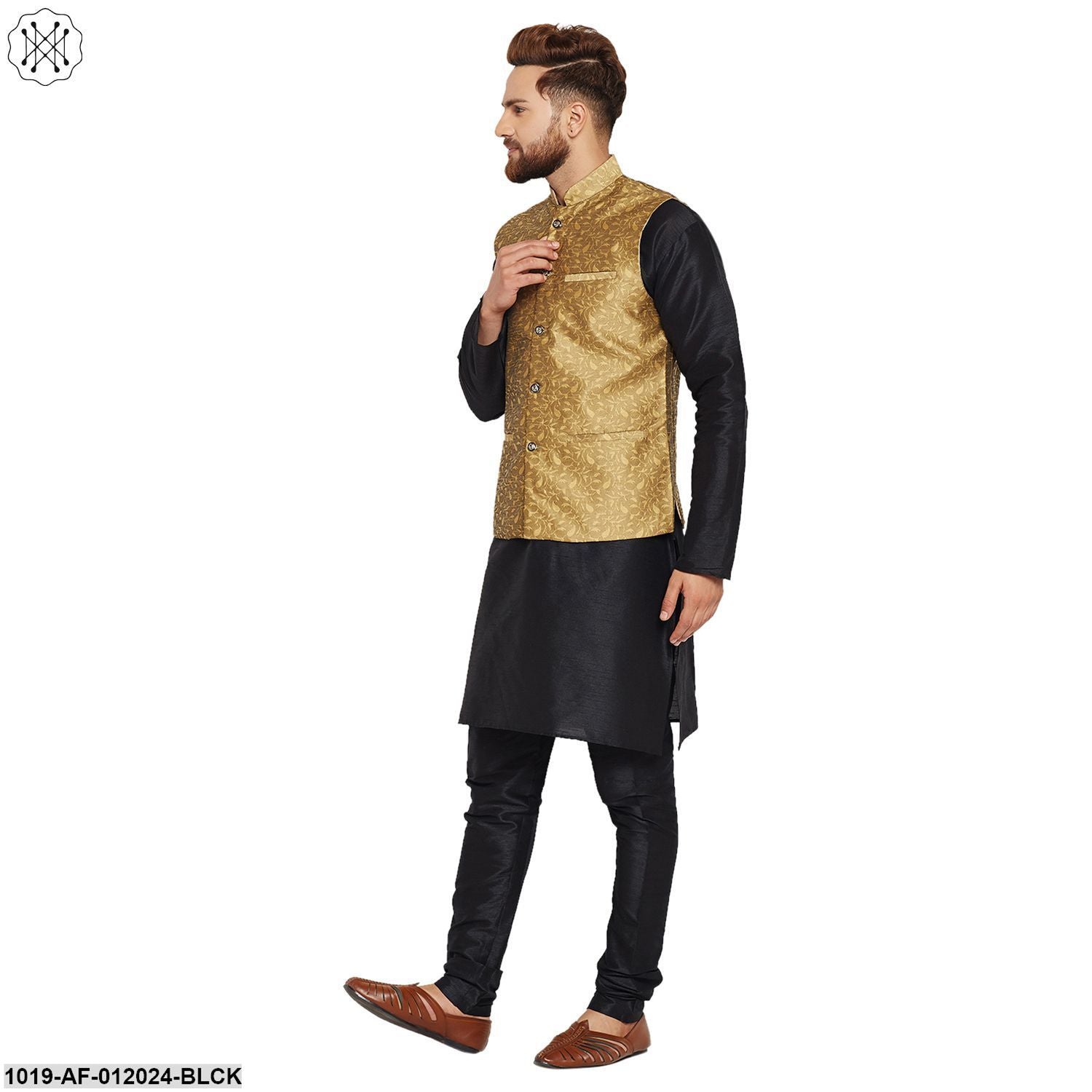 Men's Dupion Silk Kurta Pyjama And Jacquard Silk Nehru Jacket Set