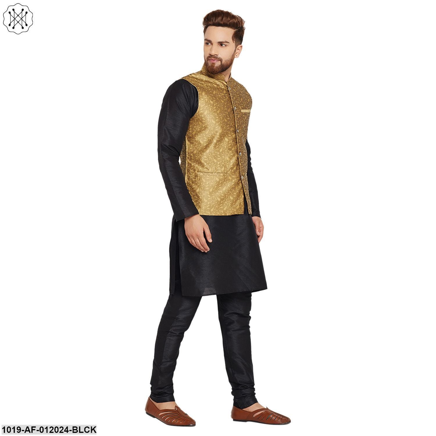 Men's Dupion Silk Kurta Pyjama And Jacquard Silk Nehru Jacket Set