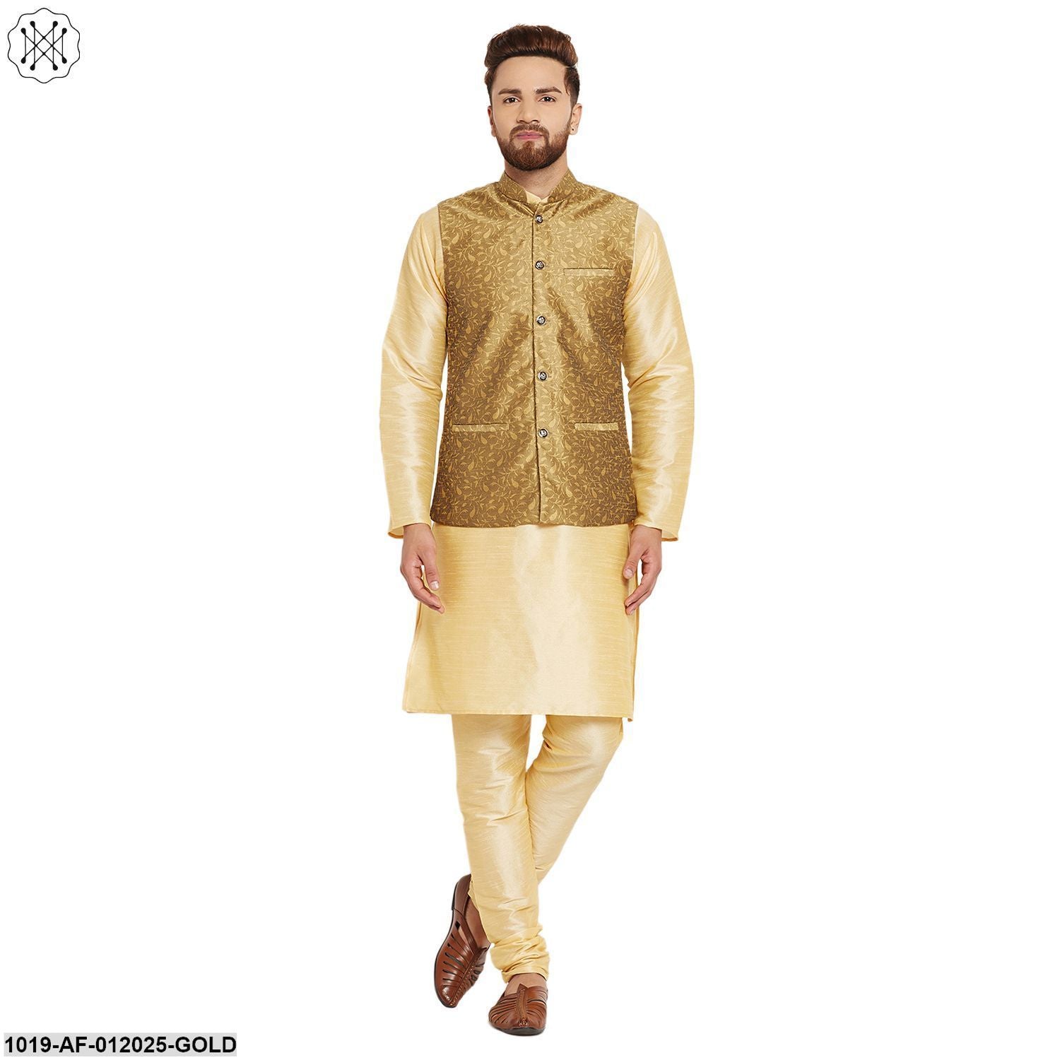 Men's Dupion Silk Kurta Pyjama And Jacquard Silk Nehru Jacket Set