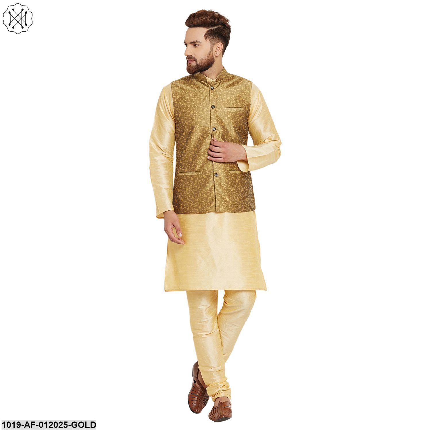 Men's Dupion Silk Kurta Pyjama And Jacquard Silk Nehru Jacket Set