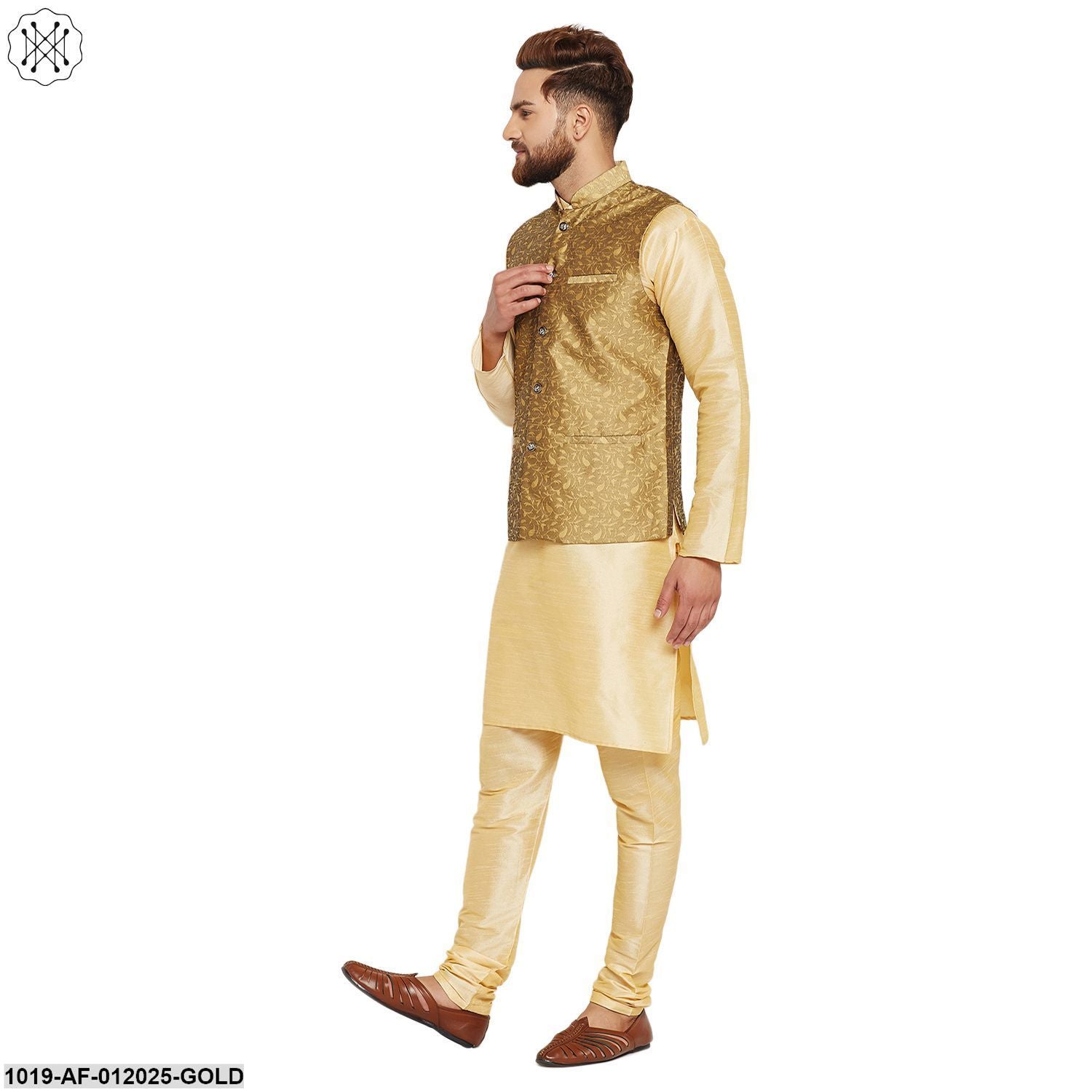 Men's Dupion Silk Kurta Pyjama And Jacquard Silk Nehru Jacket Set