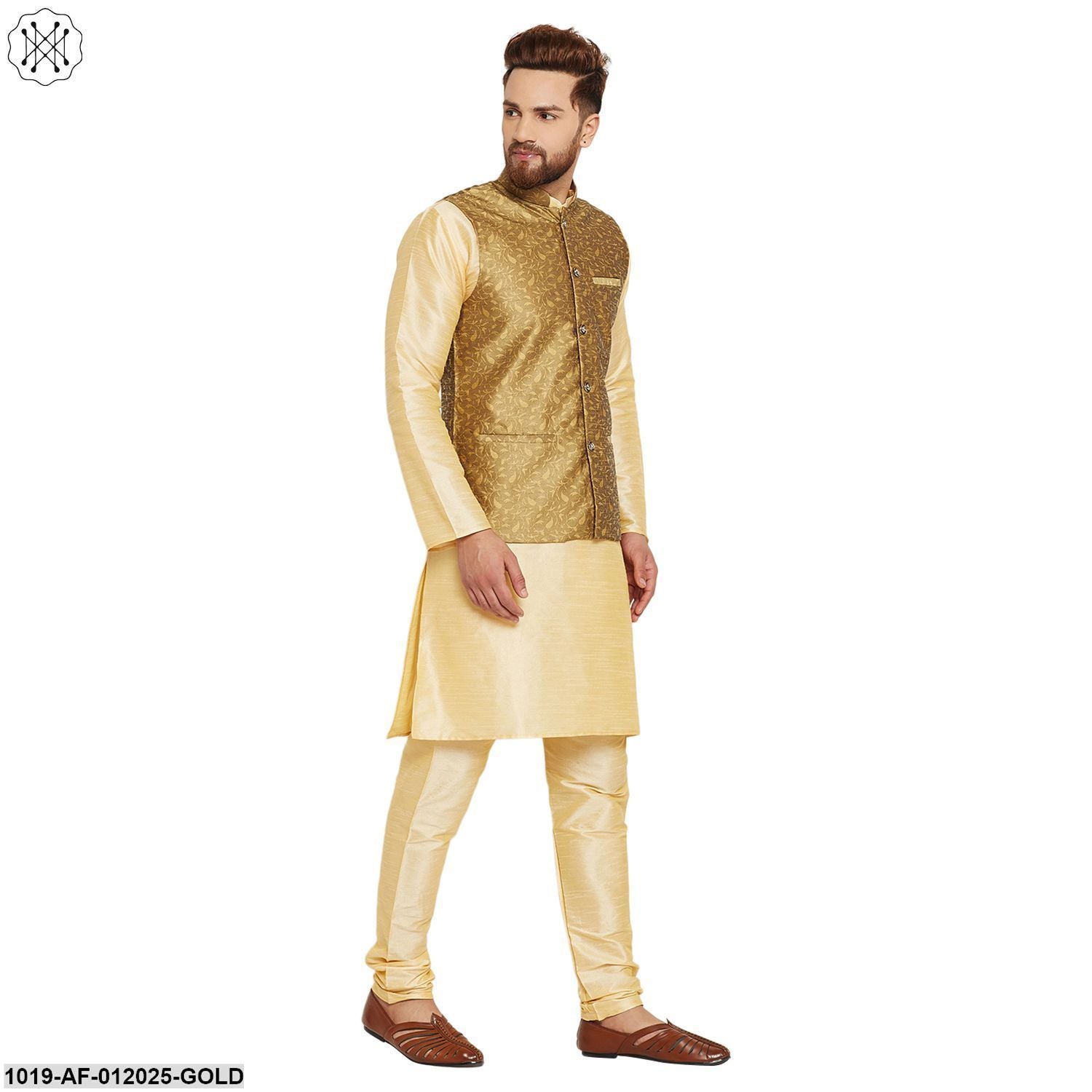 Men's Dupion Silk Kurta Pyjama And Jacquard Silk Nehru Jacket Set