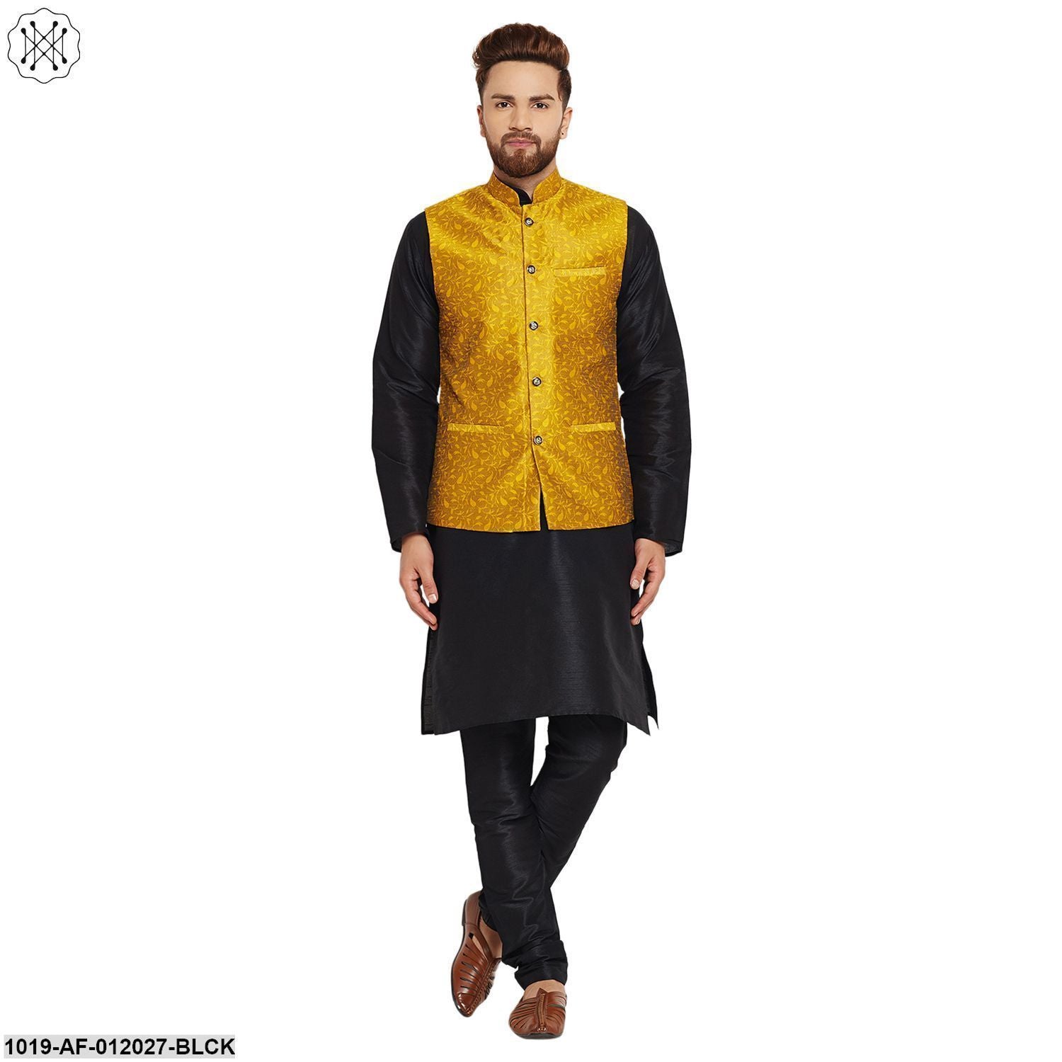 Men's Dupion Silk Kurta Pyjama And Jacquard Silk Nehru Jacket Set