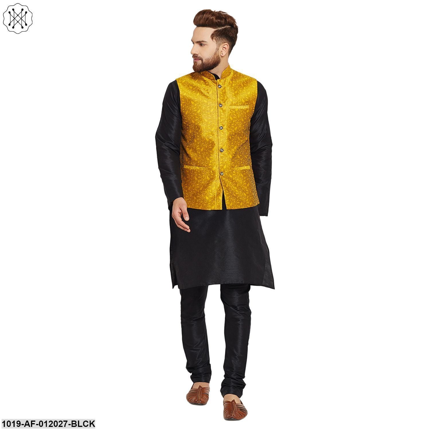 Men's Dupion Silk Kurta Pyjama And Jacquard Silk Nehru Jacket Set