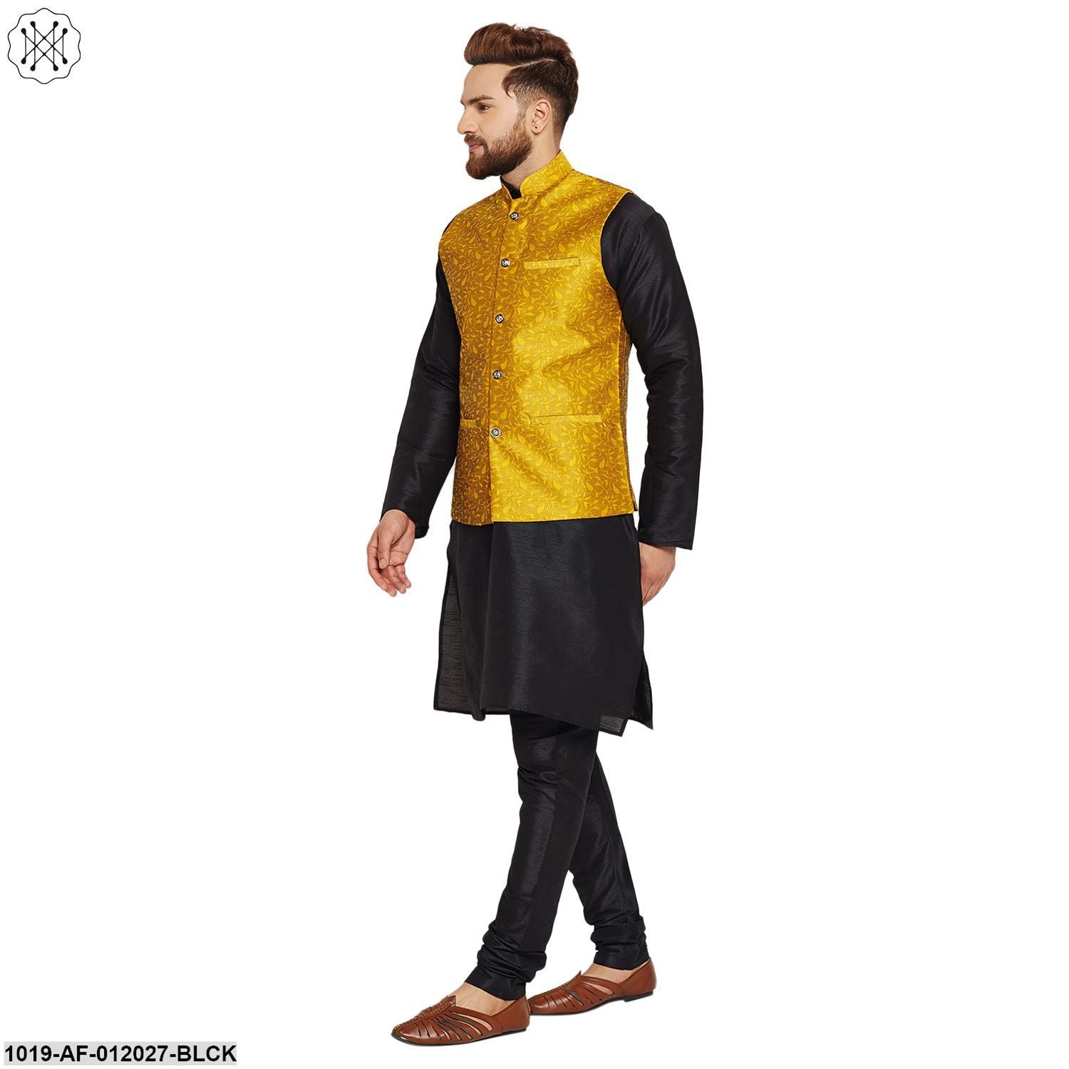 Men's Dupion Silk Kurta Pyjama And Jacquard Silk Nehru Jacket Set