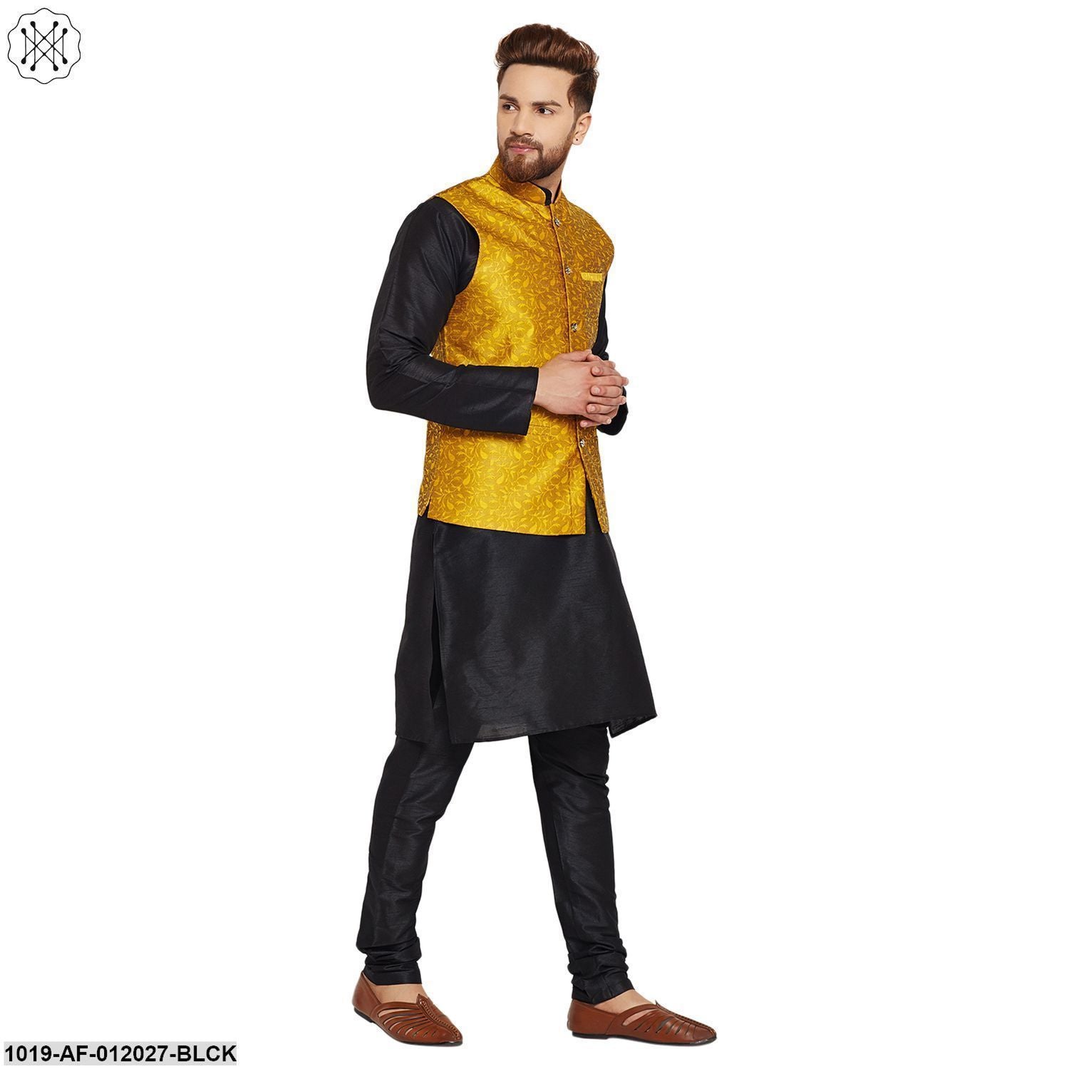 Men's Dupion Silk Kurta Pyjama And Jacquard Silk Nehru Jacket Set