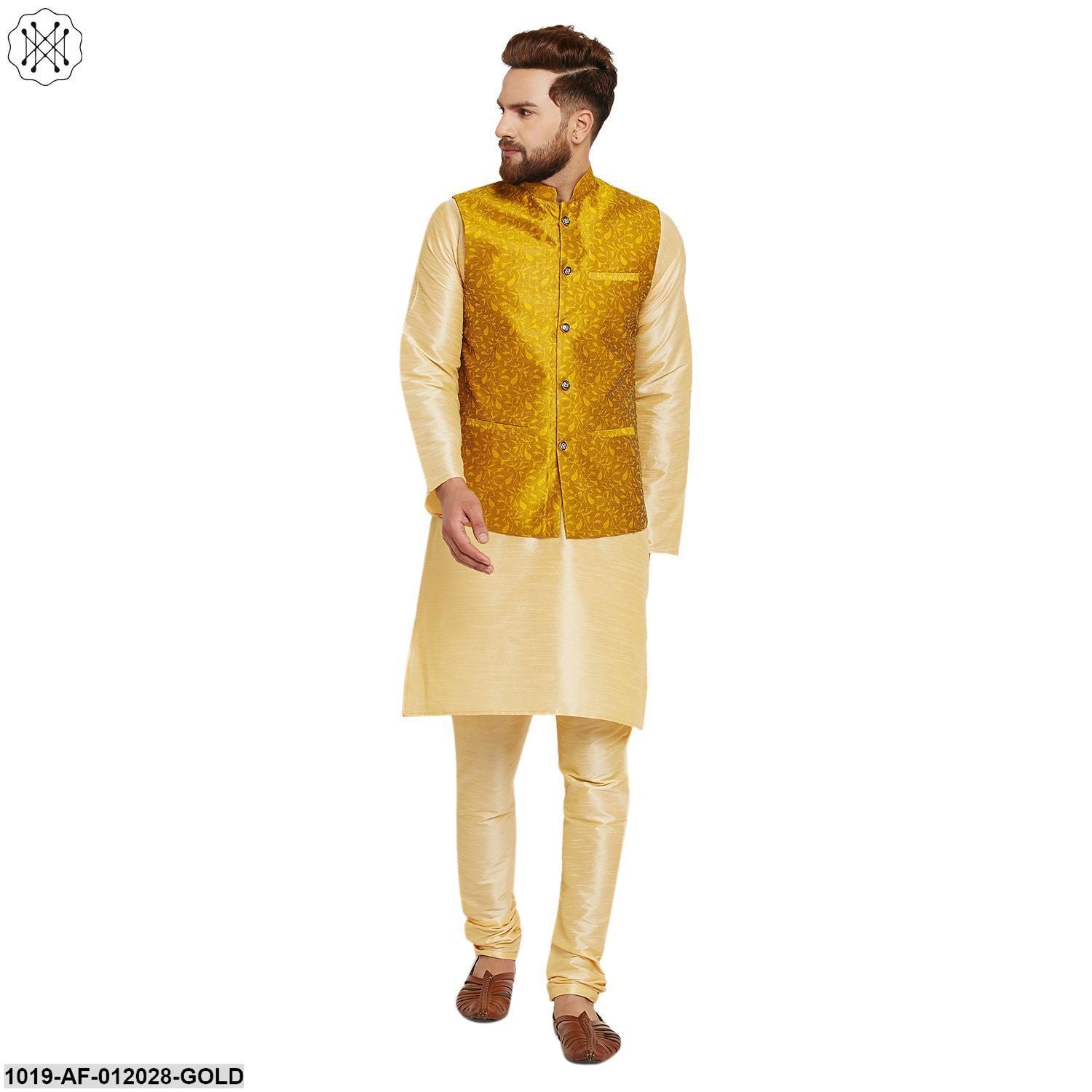 Men's Dupion Silk Kurta Pyjama And Jacquard Silk Nehru Jacket Set