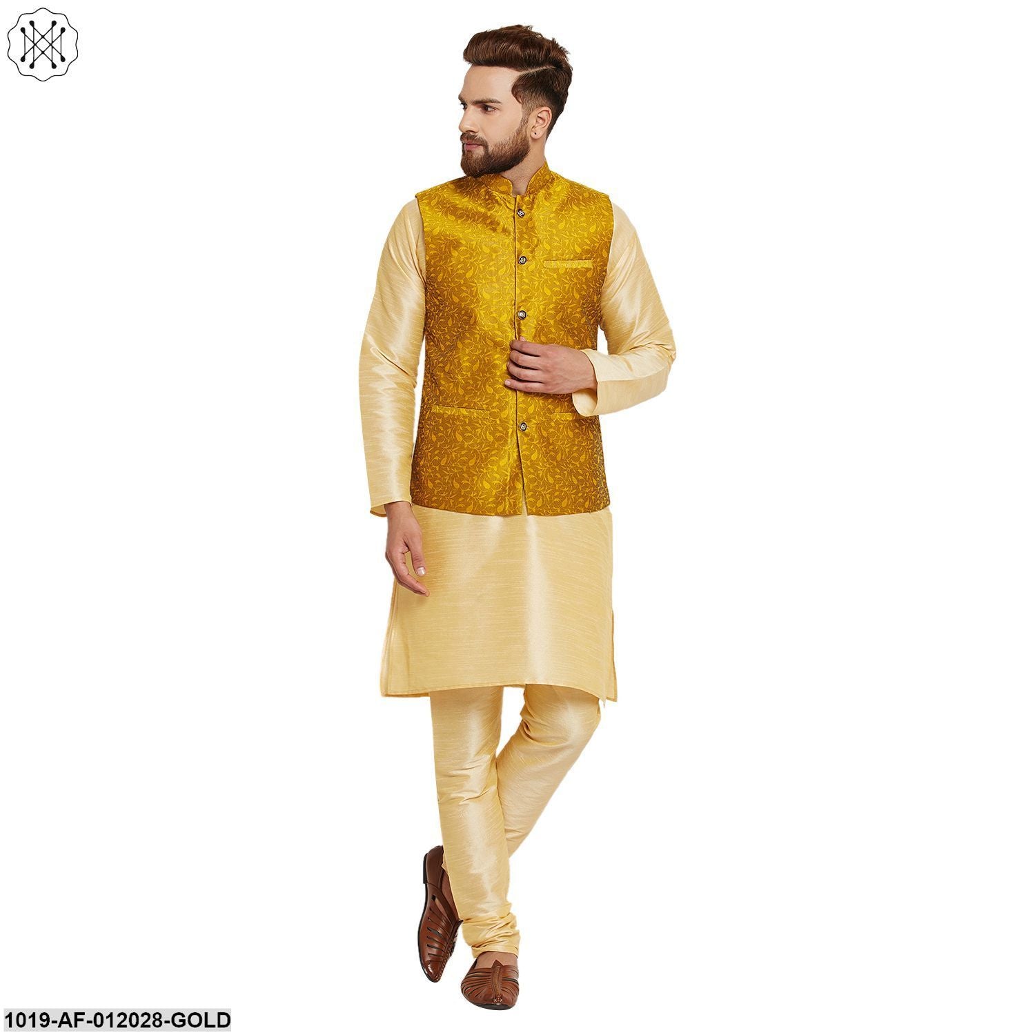 Men's Dupion Silk Kurta Pyjama And Jacquard Silk Nehru Jacket Set