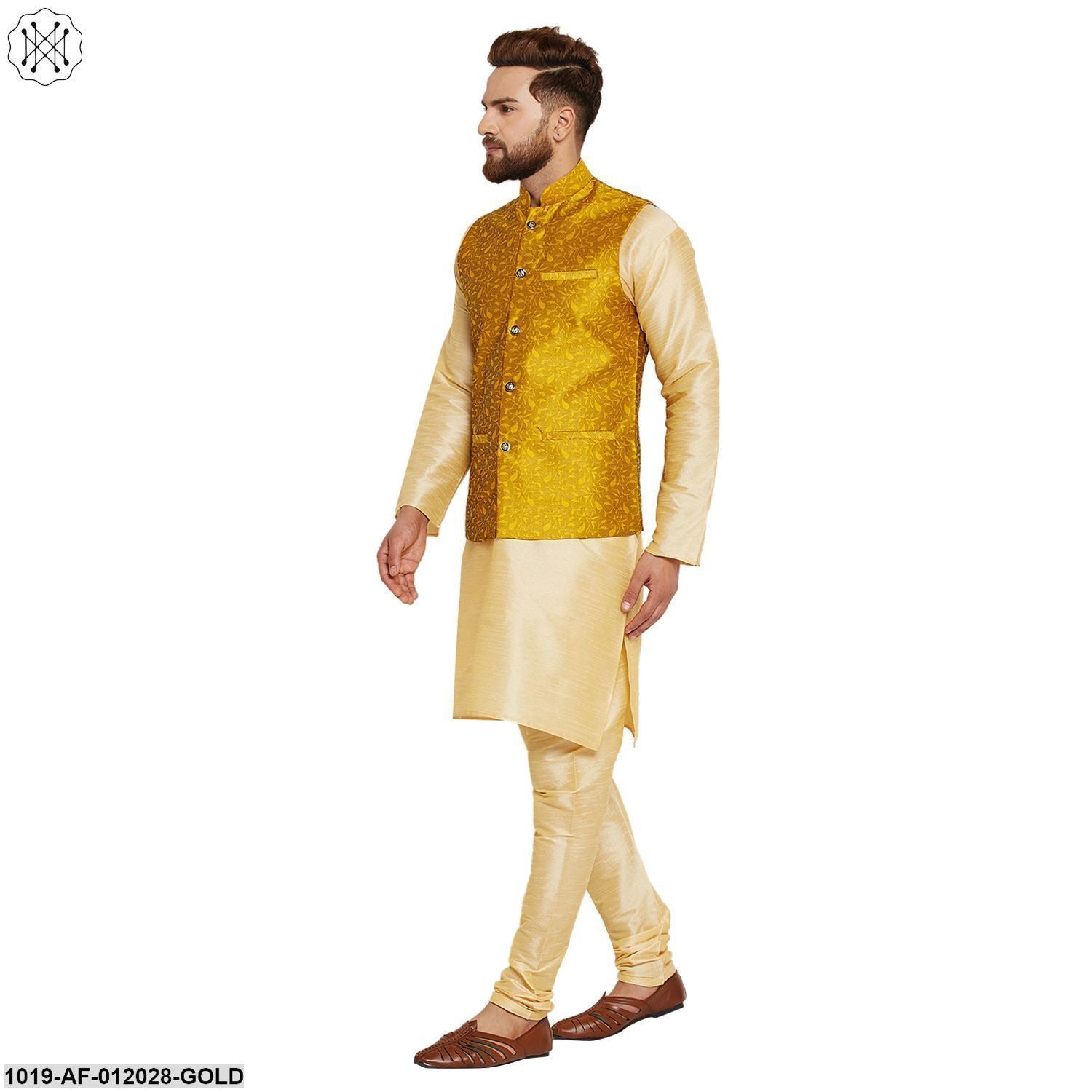 Men's Dupion Silk Kurta Pyjama And Jacquard Silk Nehru Jacket Set