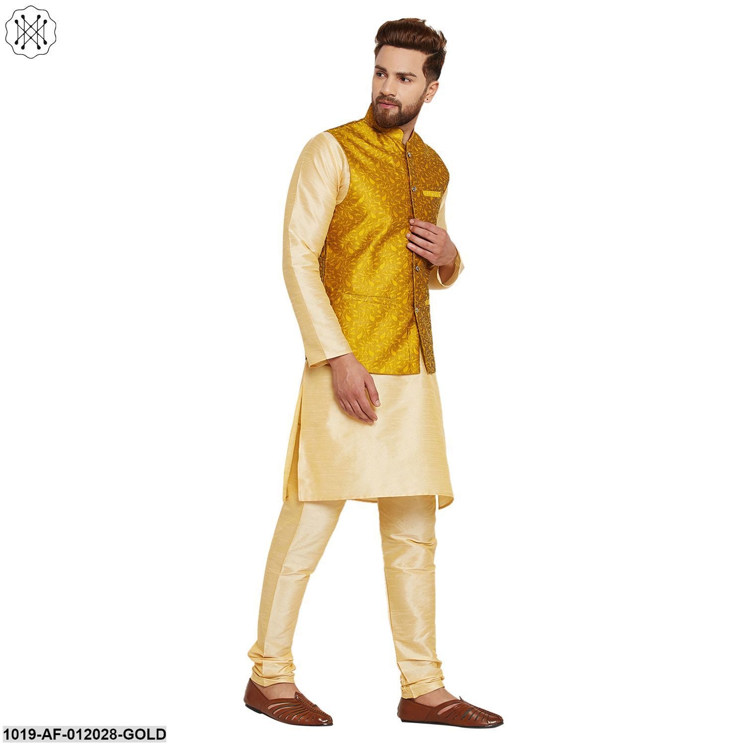 Men's Dupion Silk Kurta Pyjama And Jacquard Silk Nehru Jacket Set