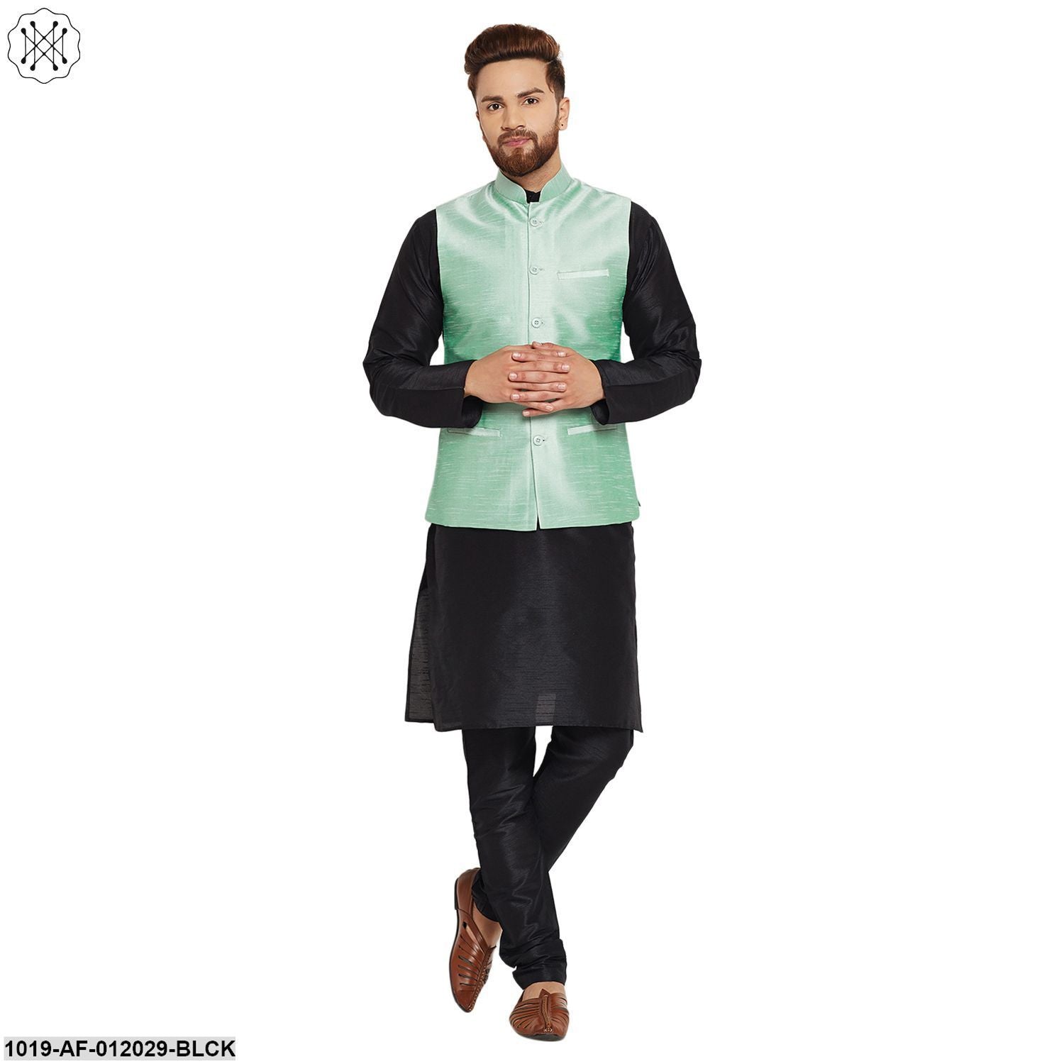 Men's Dupion Silk Kurta Pyjama And Nehru Jacket Set