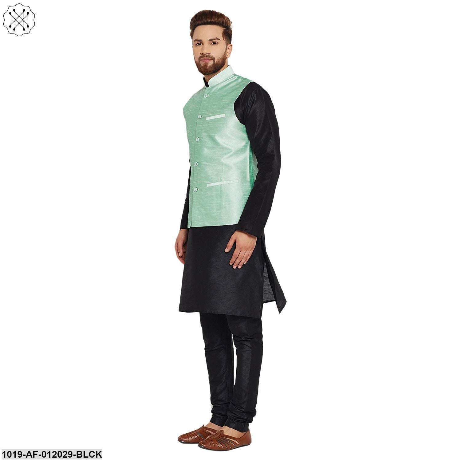 Men's Dupion Silk Kurta Pyjama And Nehru Jacket Set