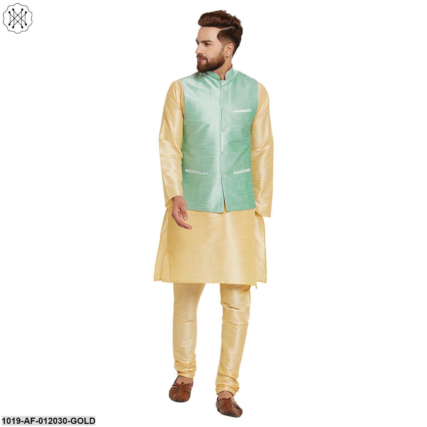 Men's Dupion Silk Kurta Pyjama And Nehru Jacket Set