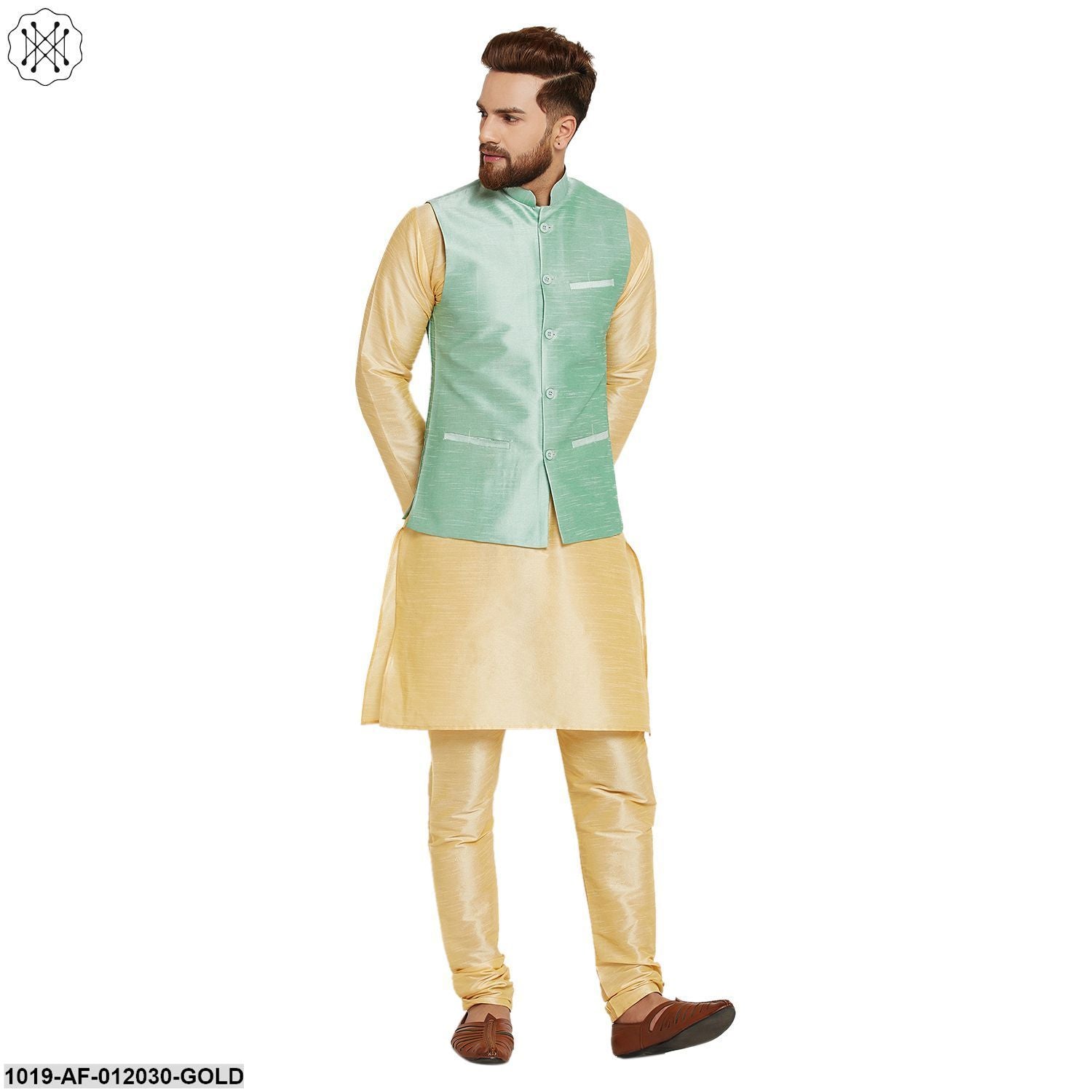 Men's Dupion Silk Kurta Pyjama And Nehru Jacket Set