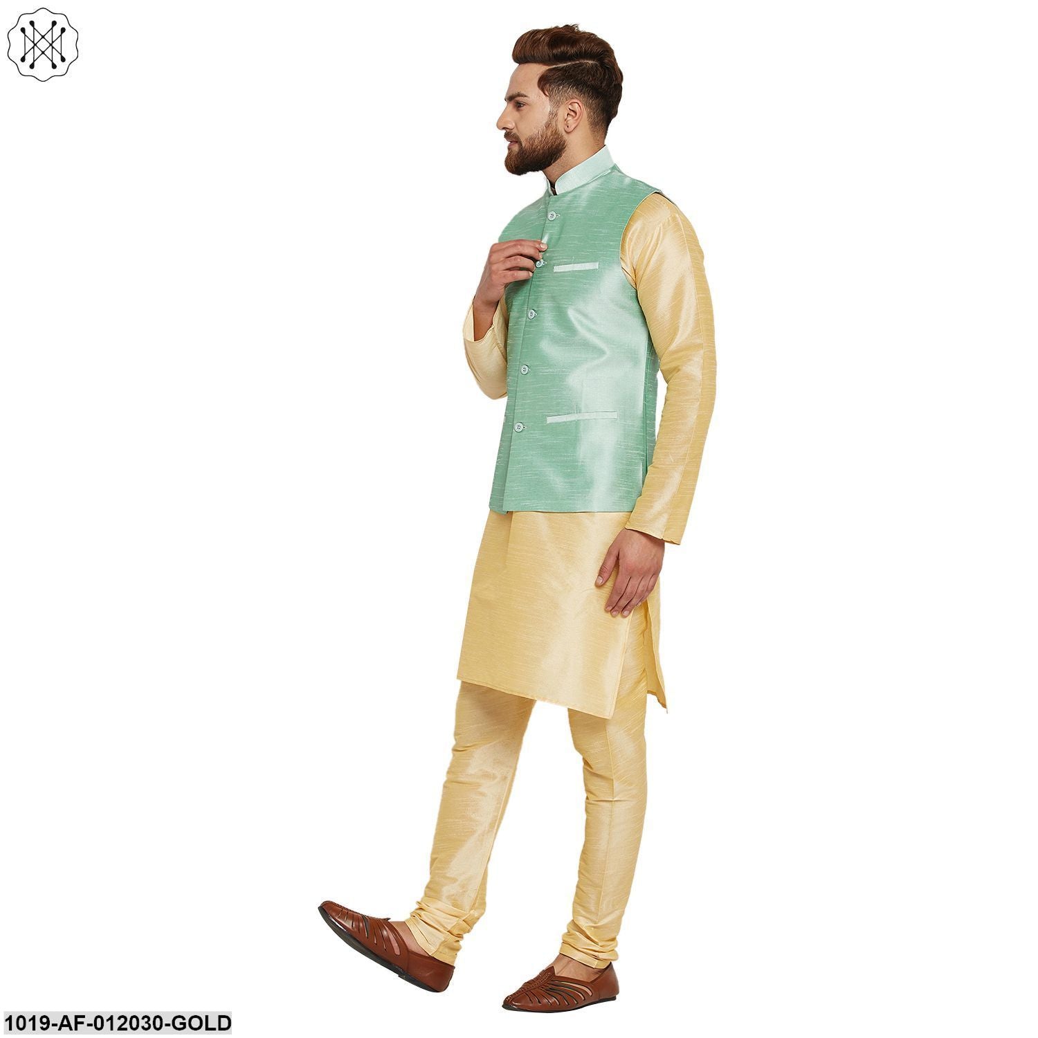 Men's Dupion Silk Kurta Pyjama And Nehru Jacket Set