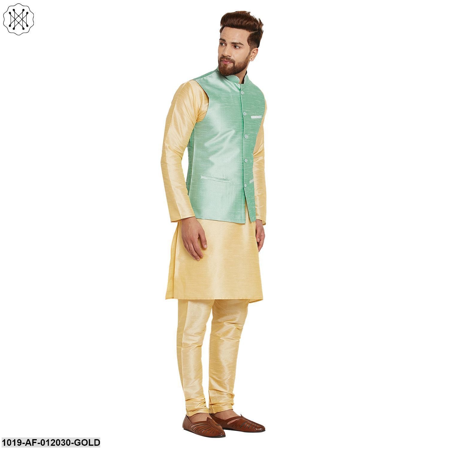 Men's Dupion Silk Kurta Pyjama And Nehru Jacket Set