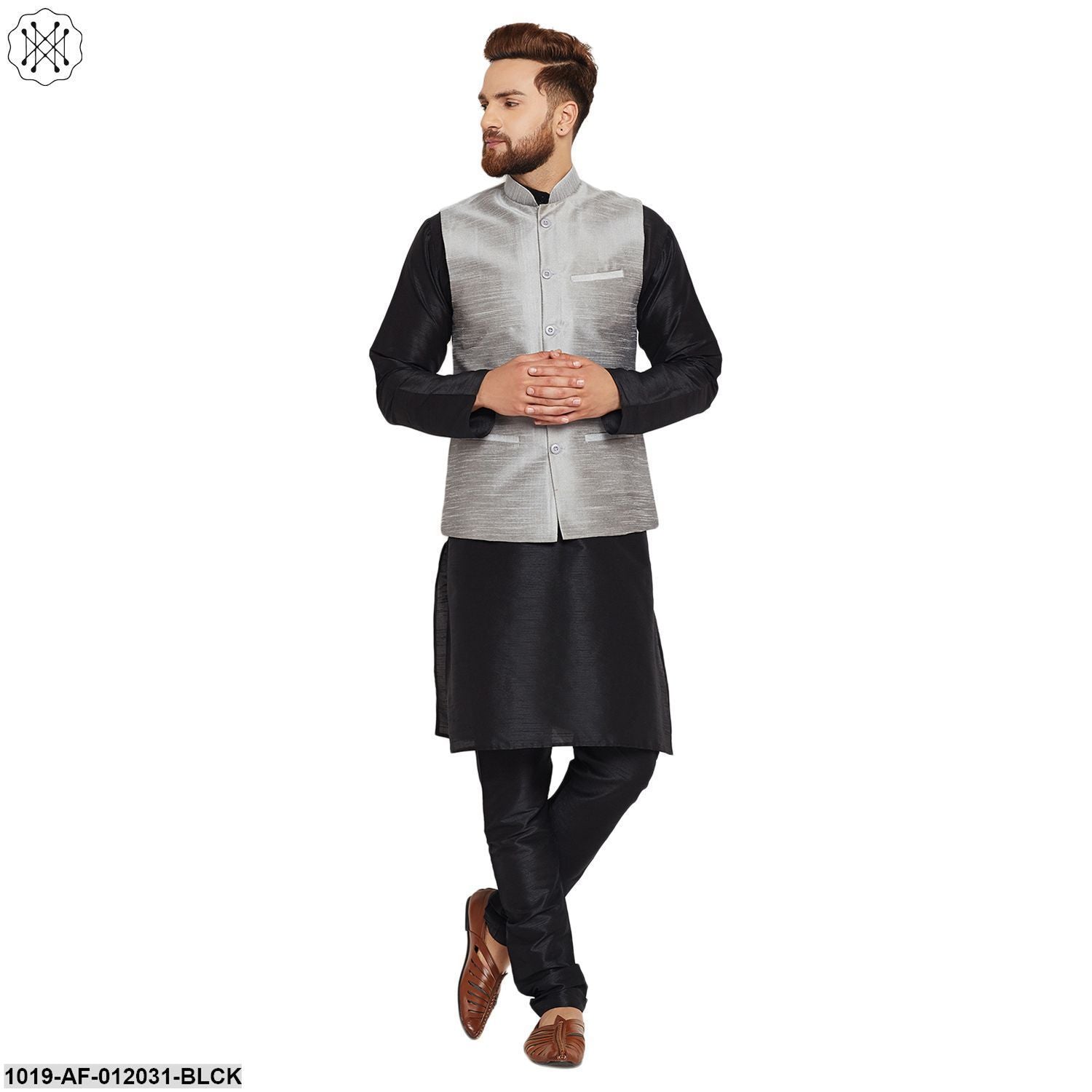 Men's Dupion Silk Kurta Pyjama And Nehru Jacket Set