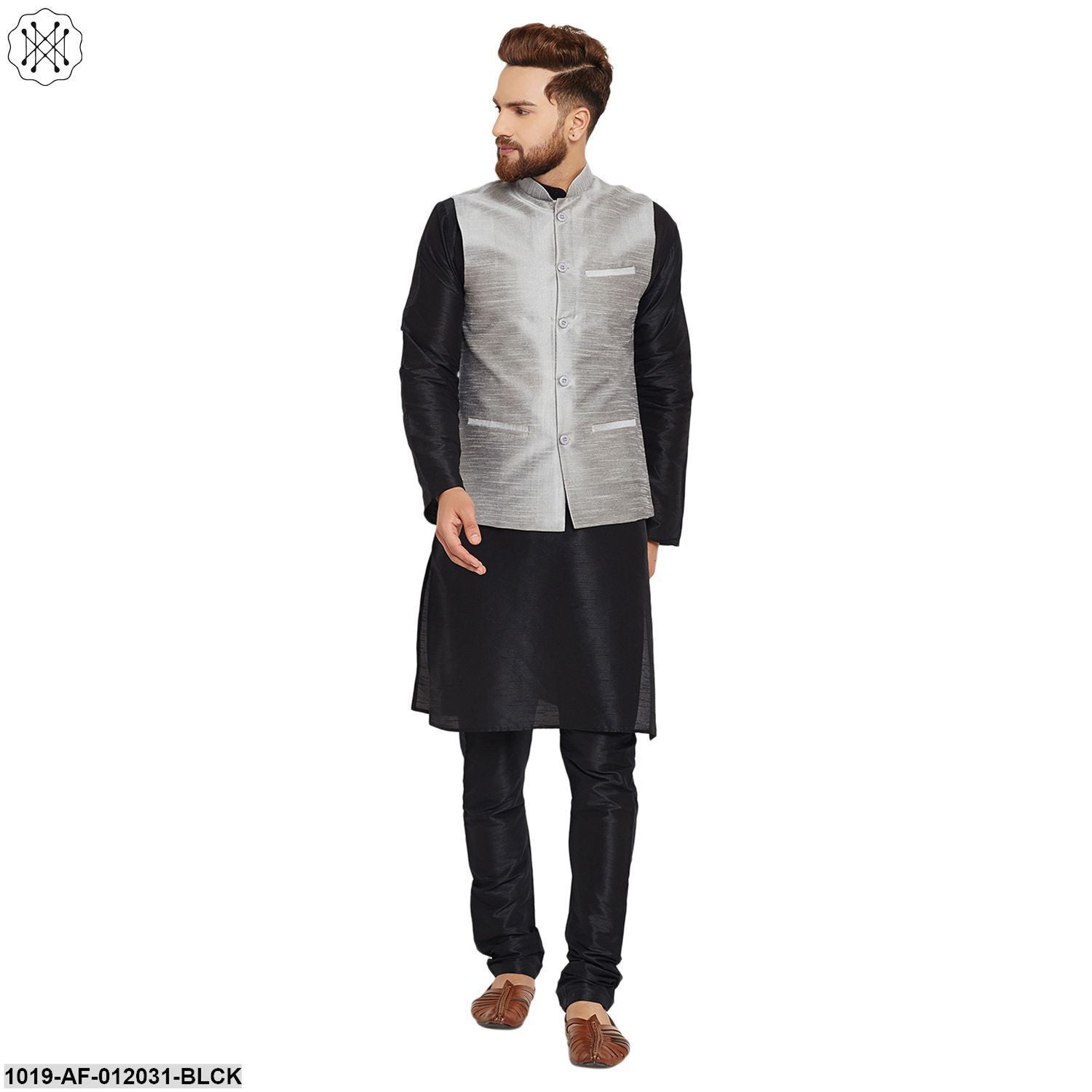 Men's Dupion Silk Kurta Pyjama And Nehru Jacket Set