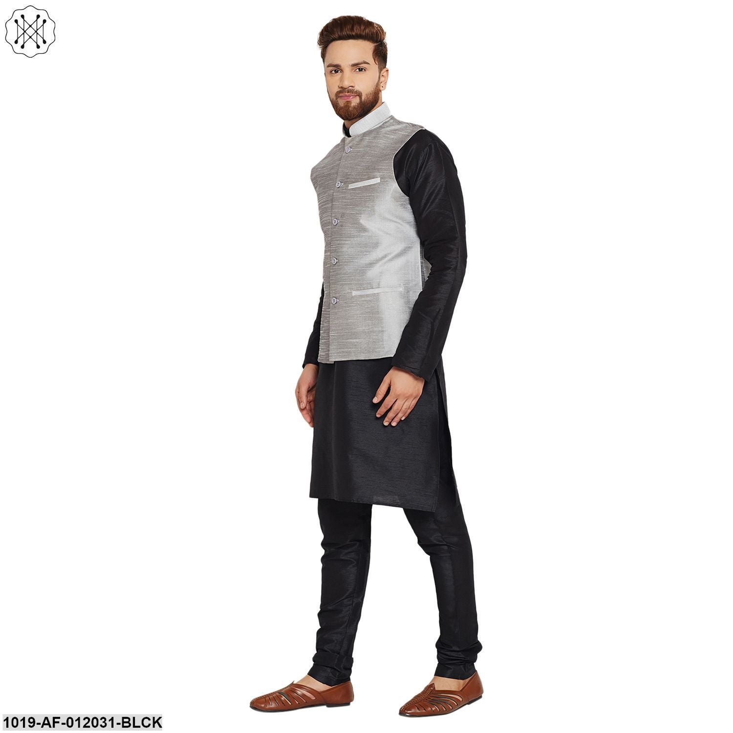 Men's Dupion Silk Kurta Pyjama And Nehru Jacket Set