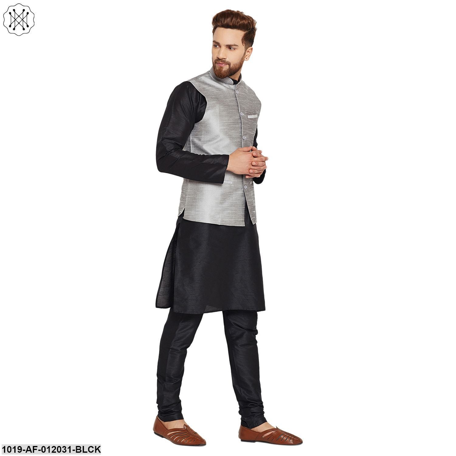 Men's Dupion Silk Kurta Pyjama And Nehru Jacket Set
