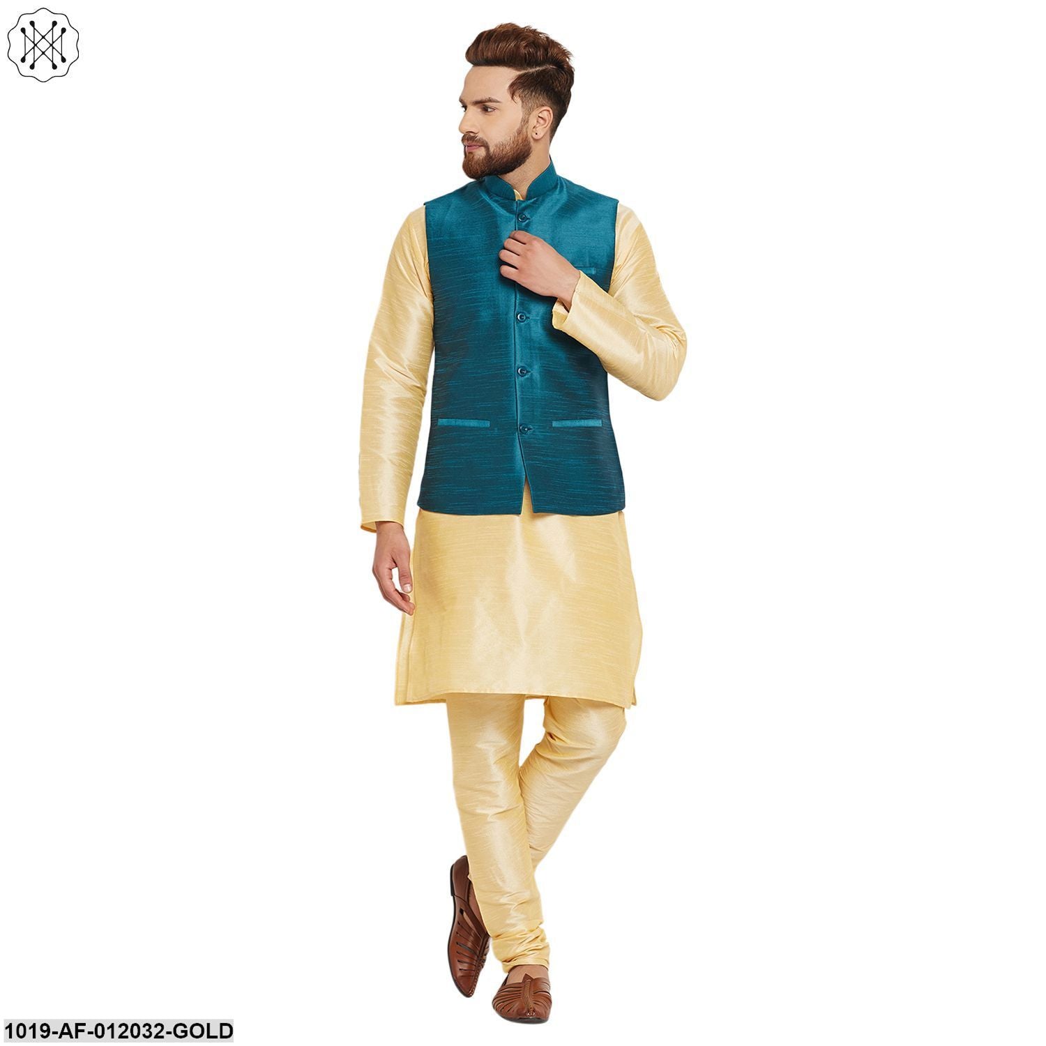 Men's Dupion Silk Kurta Pyjama And Nehru Jacket Set