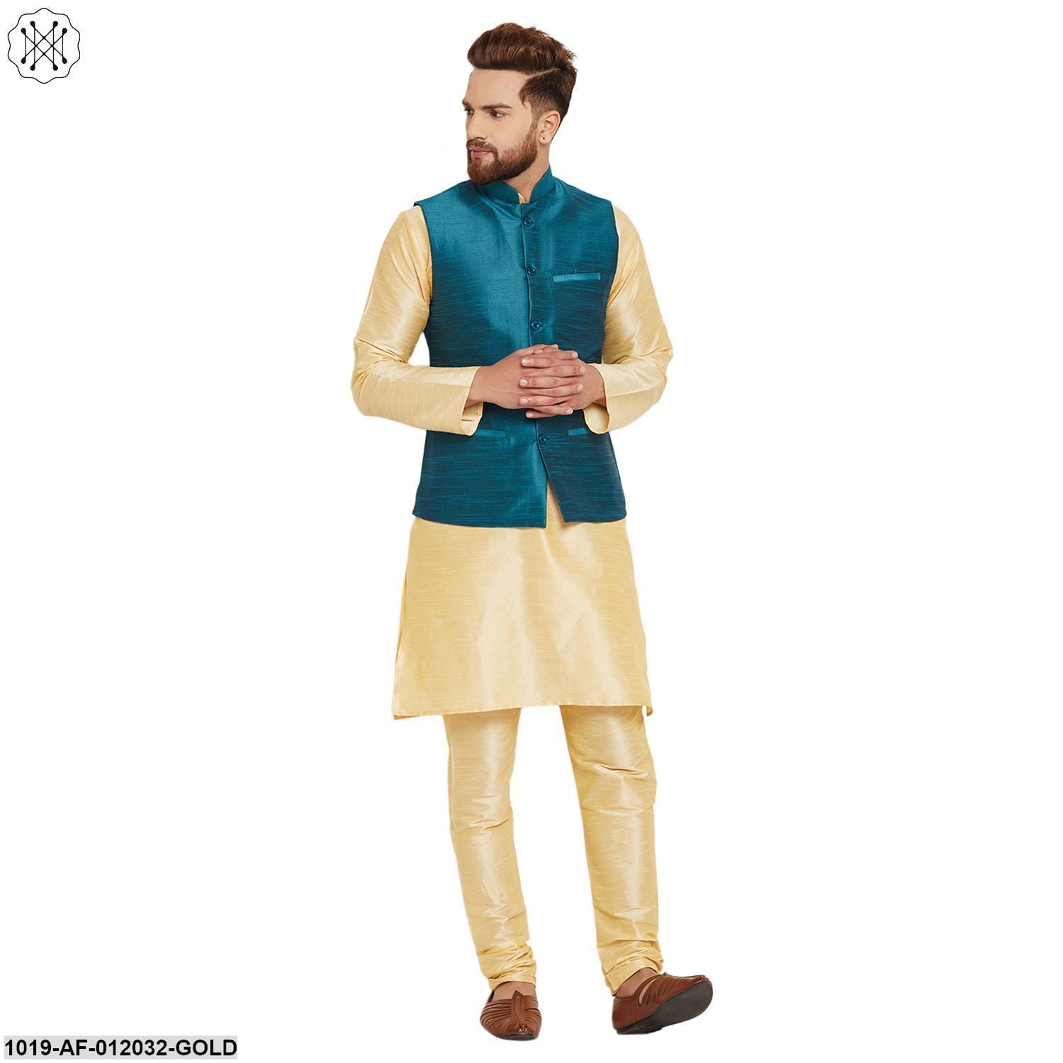 Men's Dupion Silk Kurta Pyjama And Nehru Jacket Set