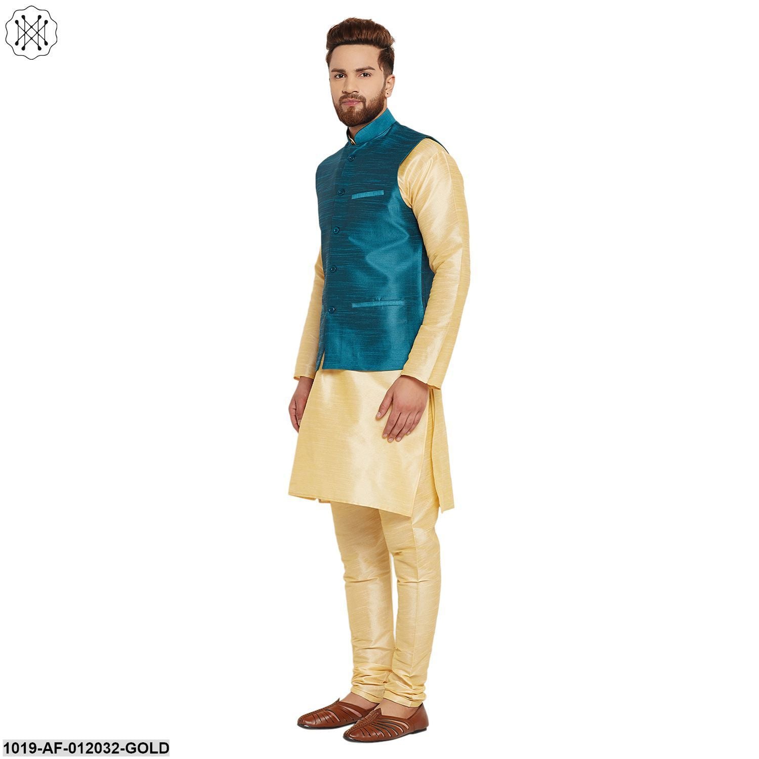 Men's Dupion Silk Kurta Pyjama And Nehru Jacket Set