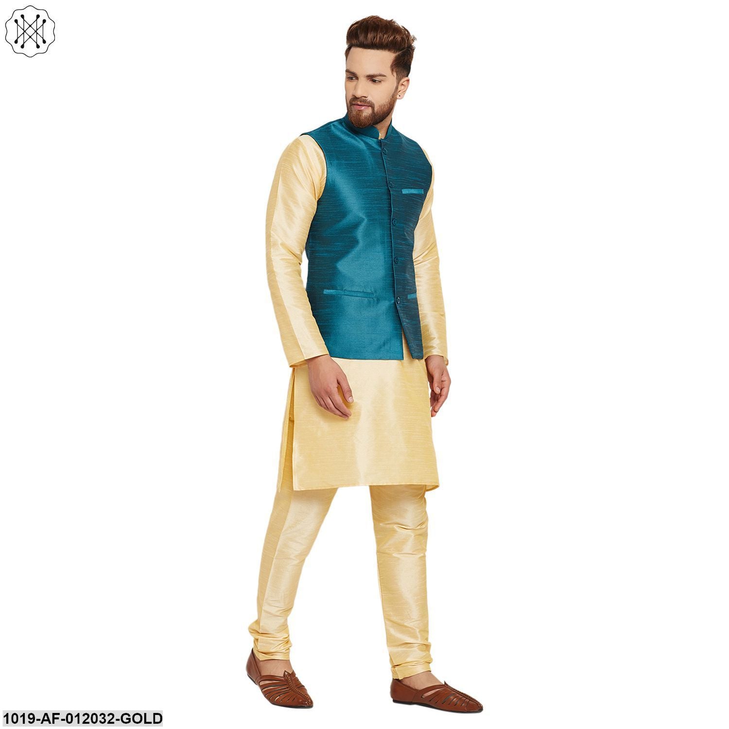 Men's Dupion Silk Kurta Pyjama And Nehru Jacket Set