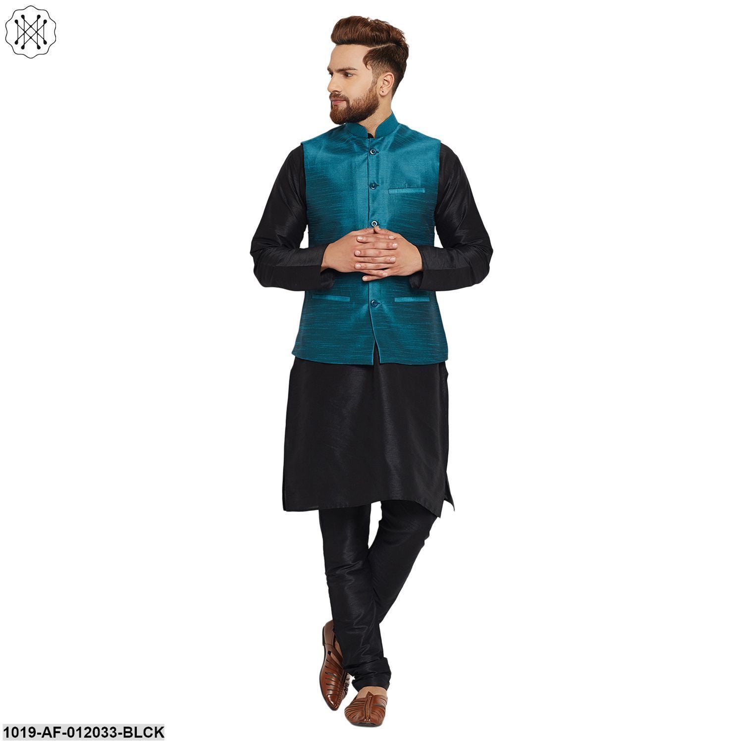 Men's Dupion Silk Kurta Pyjama And Nehru Jacket Set