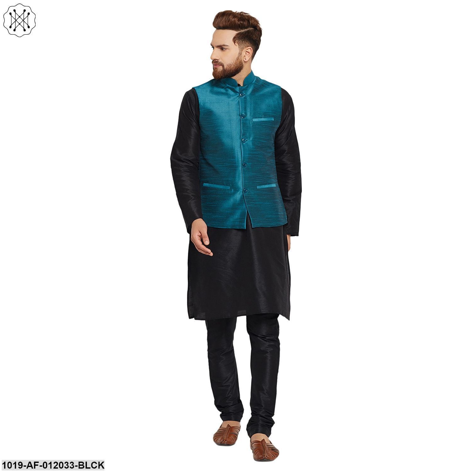 Men's Dupion Silk Kurta Pyjama And Nehru Jacket Set