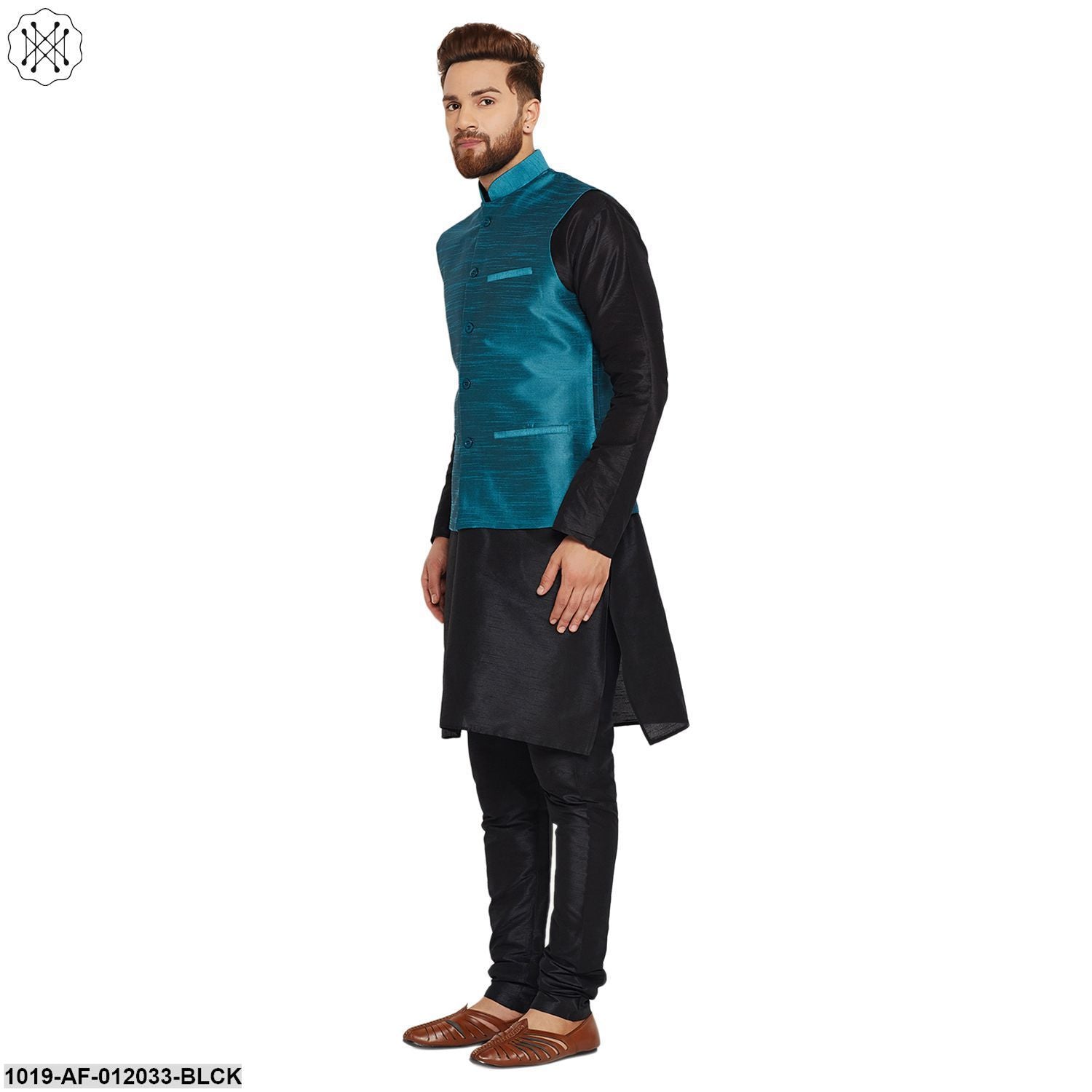 Men's Dupion Silk Kurta Pyjama And Nehru Jacket Set
