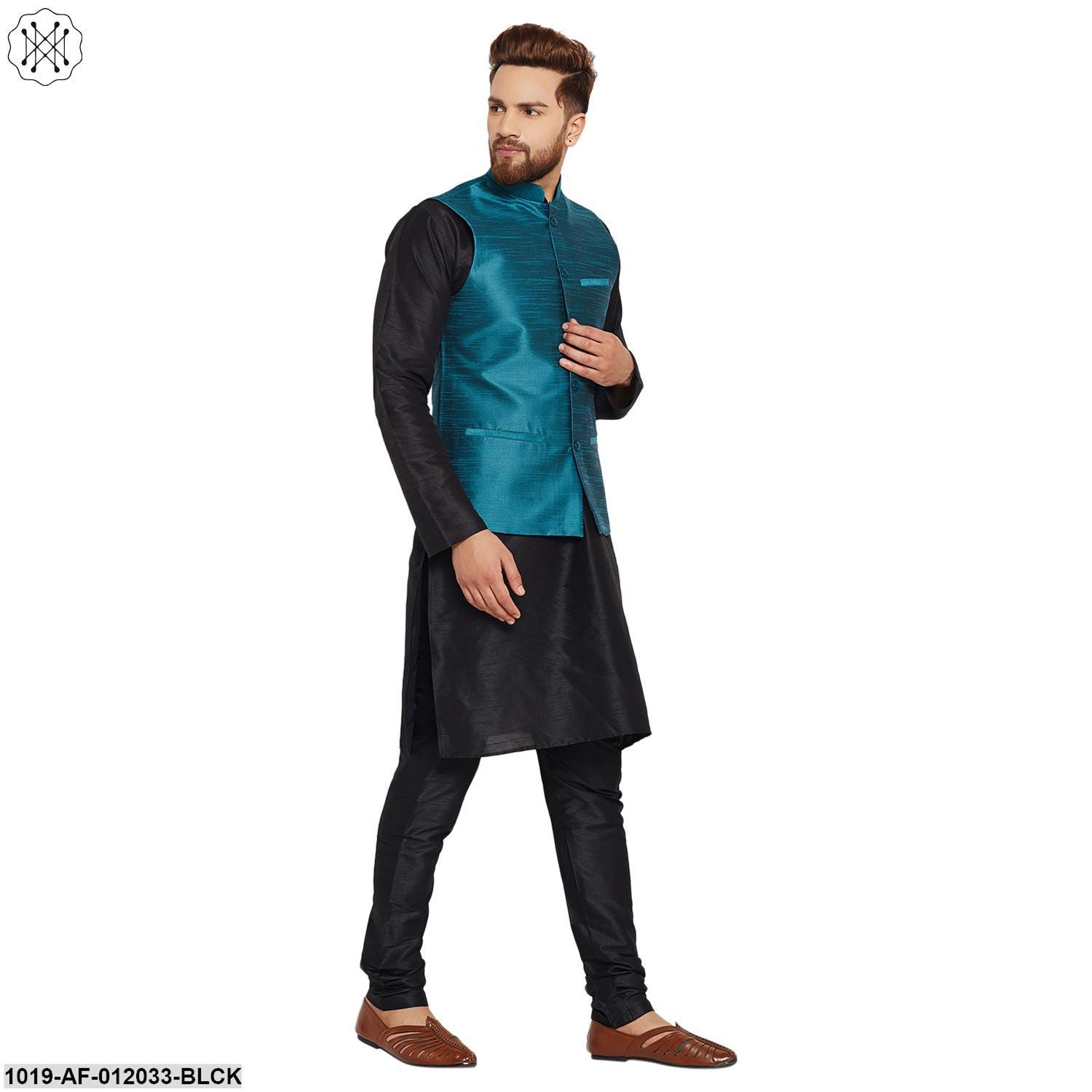 Men's Dupion Silk Kurta Pyjama And Nehru Jacket Set