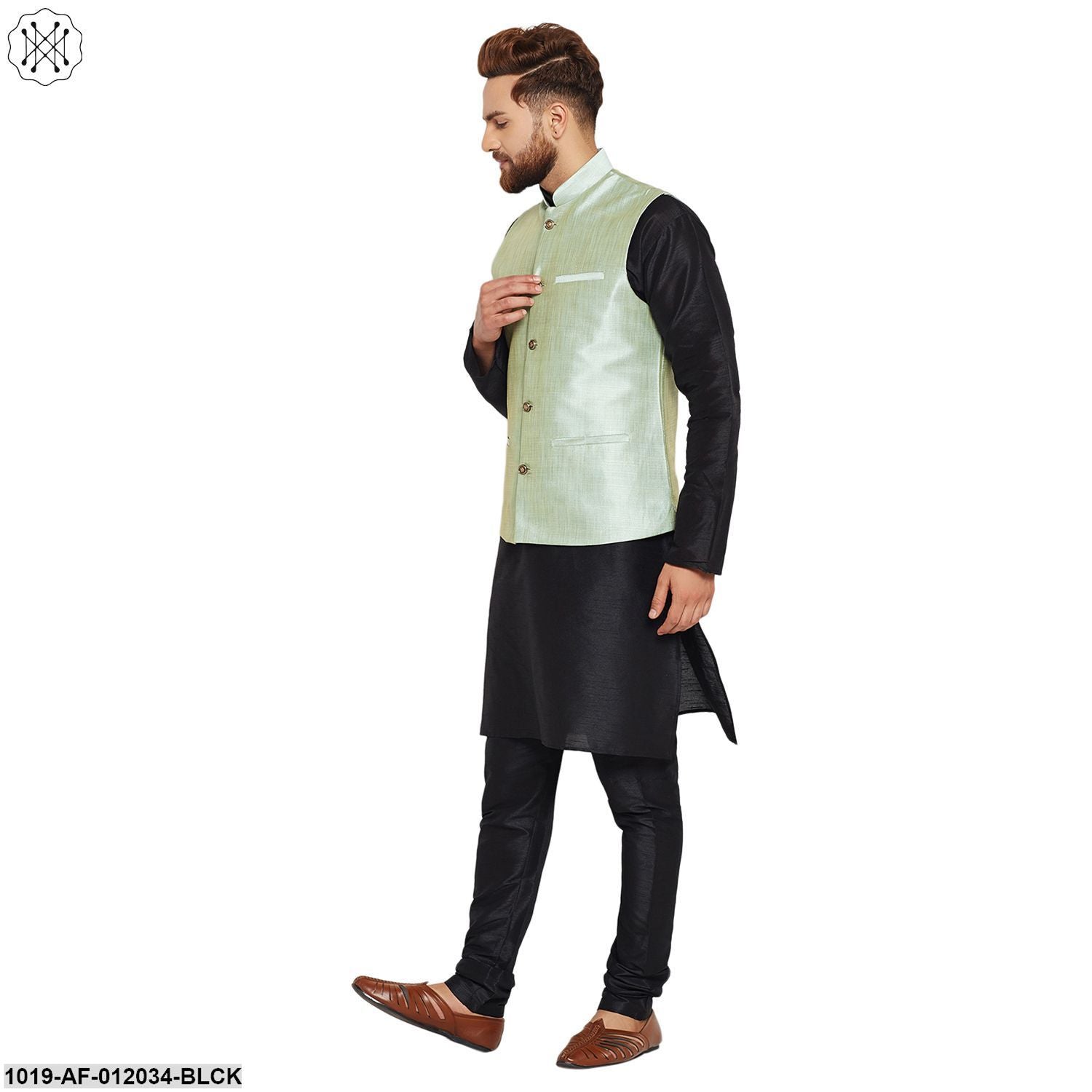 Men's Dupion Silk Kurta Pyjama And Nehru Jacket Set