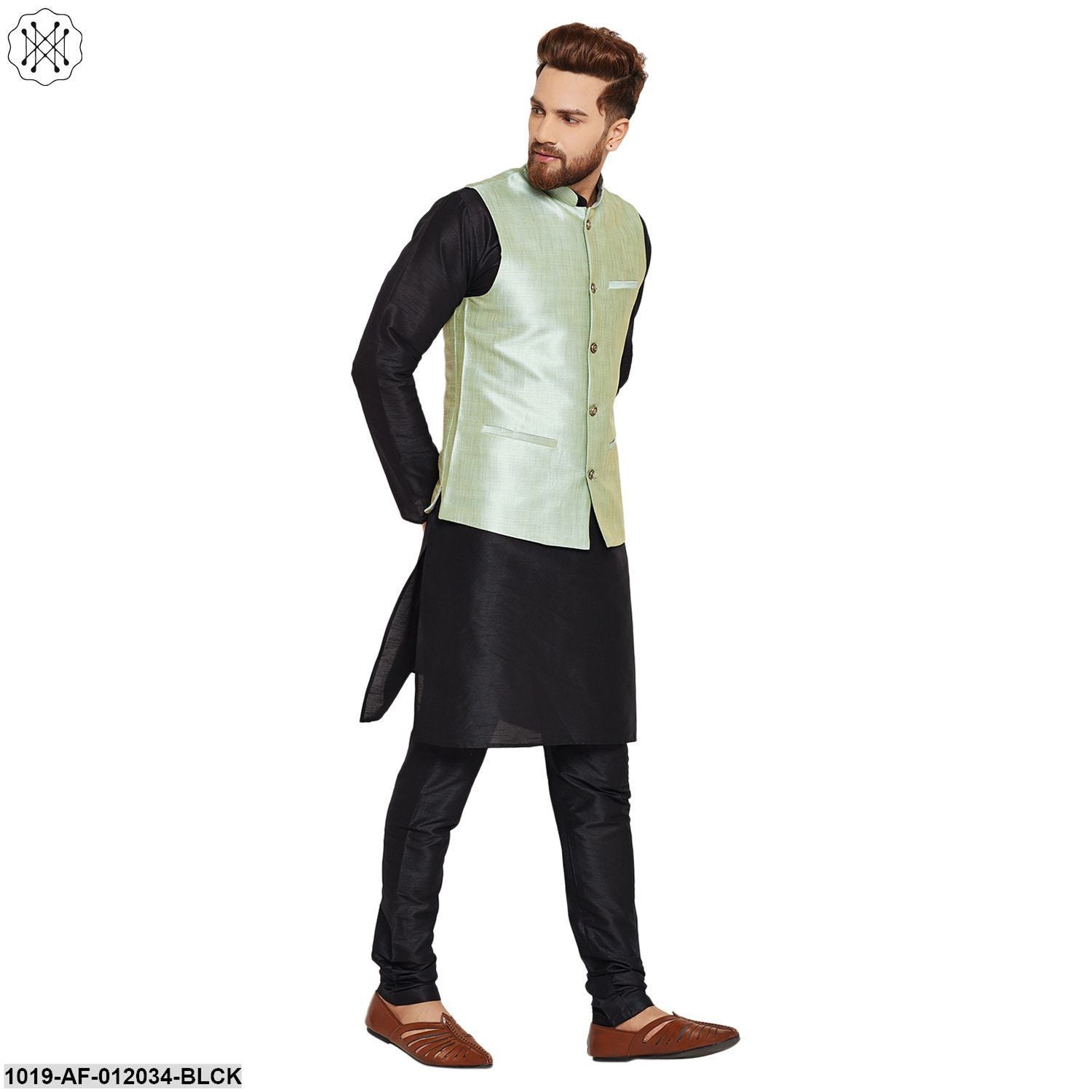 Men's Dupion Silk Kurta Pyjama And Nehru Jacket Set